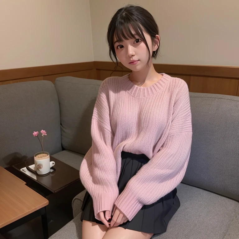 1womanl、20yr old、sofa、Wearing a sweater、skirt by the、Shorthair、Photorealsitic、Yoshiko Akishino