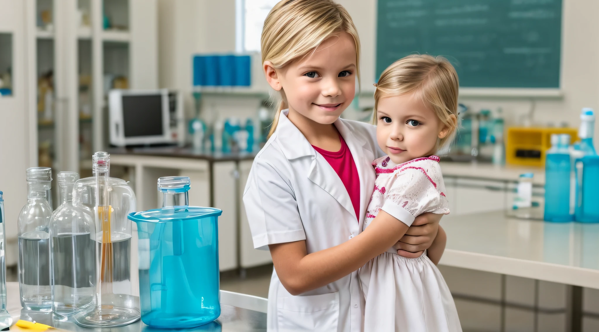 foto de uma CHILD KIDS BLONDE com um vestido vermelho segurando um tUBO DE ENSAIO DE LABORAtORIO