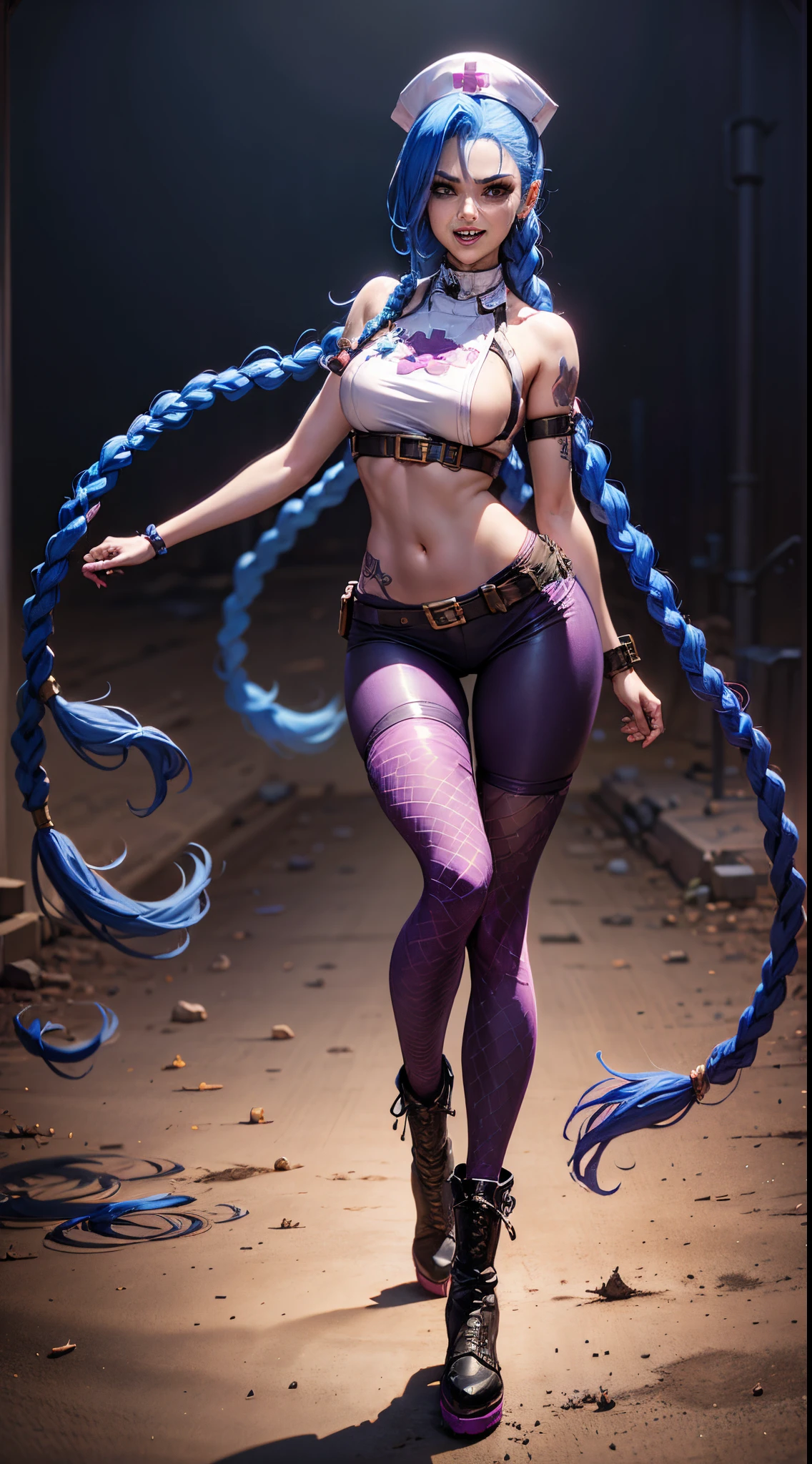 Jinx nurse，nurse hat，(White nurse costume)，Rose tattoo，big laughter，Blue twist braid，Runaway Lori，League of Legends ，de cuerpo completo，(kneehigh boots)),purpleish color，(fishnet leggings),(standing on your feet)，The background is dark and tough，There is a sense of danger and intensity。