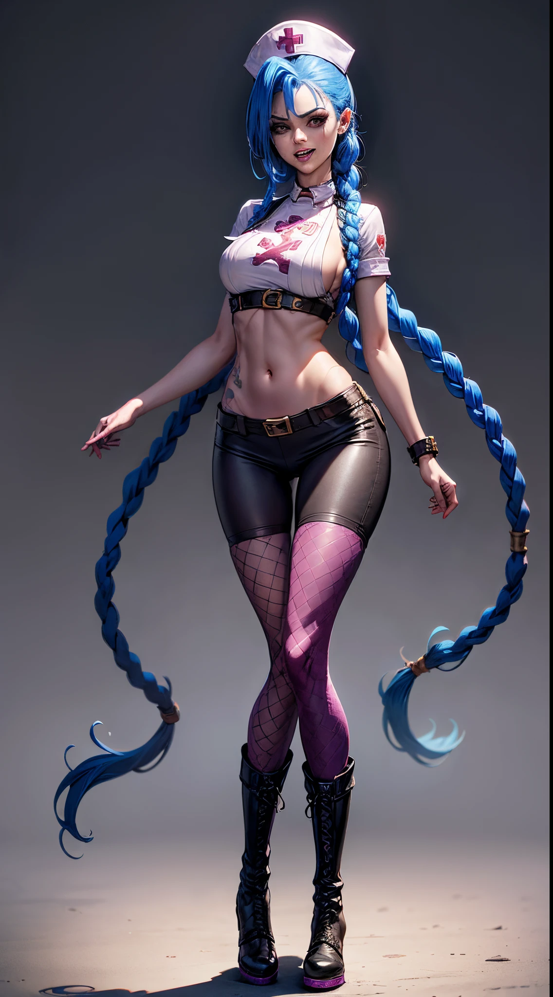 Jinx nurse，nurse hat，(White nurse costume)，Rose tattoo，big laughter，Blue twist braid，Runaway Lori，League of Legends ，de cuerpo completo，(kneehigh boots)),purpleish color，(fishnet leggings),(standing on your feet)，The background is dark and tough，There is a sense of danger and intensity。