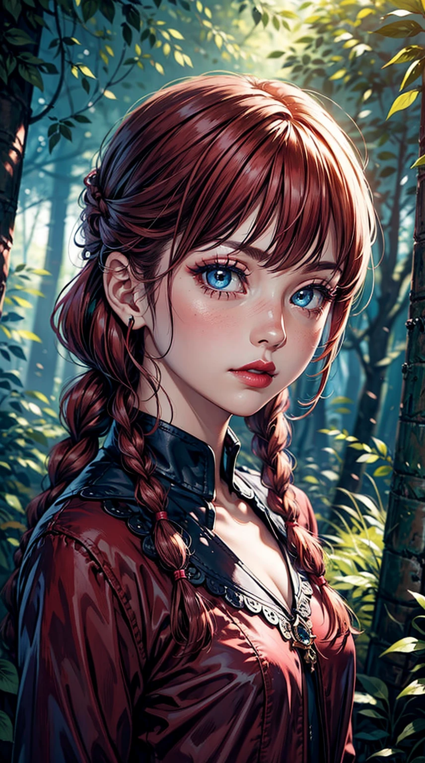 (masterpiece), best quality, expressive eyes, perfect face, upper body, beautiful face, mature woman, focused, beautiful eyes, azure eyes, medium flaming red hair, small braids, elegant dress, magical forest background, front view, close up, pink lipstick, pink blush