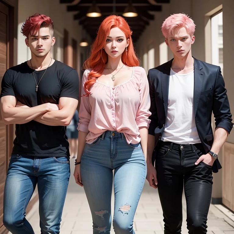 Image with three 16 year olds: Enfatize que 2 homens e uma mulher. The woman is a redhead, cabelo vermelho, one man is Japanese with black hair and another man is German with pink hair. blouse and jeans. close to each other.
