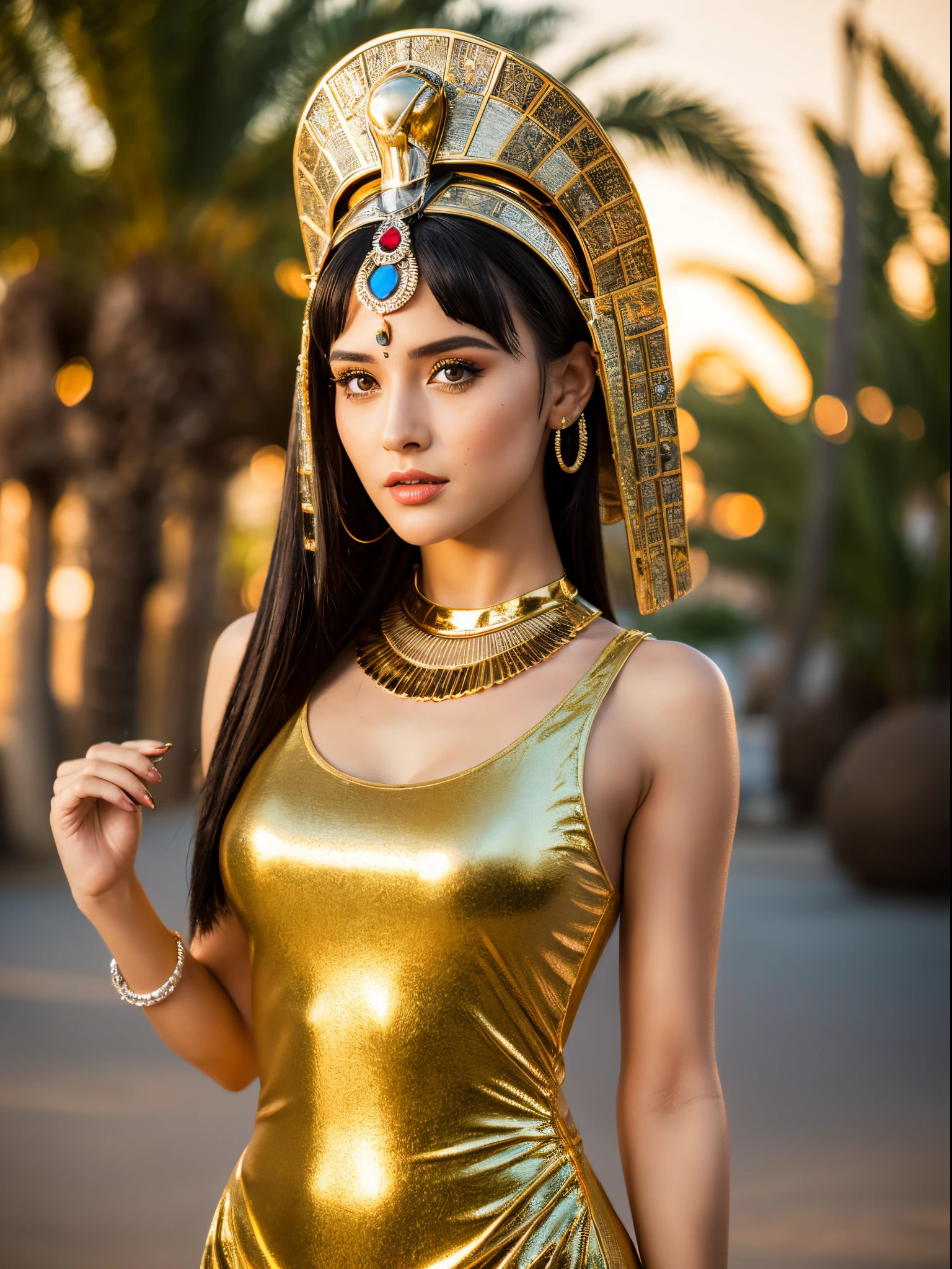 hyper realistic, ultra detailed photograph of a woman with in futuristic headwear inspired by an ancient Egypt queen, Cleopatra headwear, Womens Black Egyptian Goddess Cleopatra Costume with gold decorations, silk dress. snake, gold, silver, stones, scarab beetle, microchips, integrated electric circuits, brown skin, slim body, dark hair, latina, Salma Hayek look, golden hour, warm sunlight fractal details, full body pose, natural pose, full upright body pose, depth of field, HOF, hall of fame, detailed face, model facing camera, beach with palm trees, orange sunset, orange sun, tropical beach, professional photographer, captured with professional DSLR camera, ultra detailed, ultra accurate detailed, bokeh, cinematic, intricate, epic, freckles, detailed mascara,