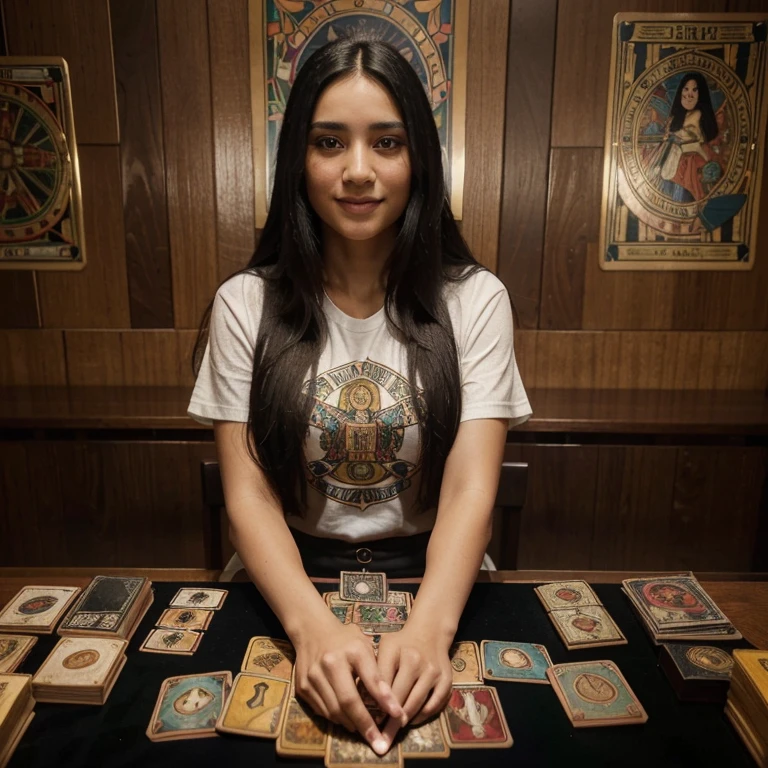 "An ultra-detailed 8k masterpiece best quality and high saturation. The image features an illustration of a stunning Latina girl with long black hair sitting at a table with tarot cards, que incluye camisa abierta ajustada, copa F, rostro detallado, boca detallada, smile at viewer, ojos detallados.