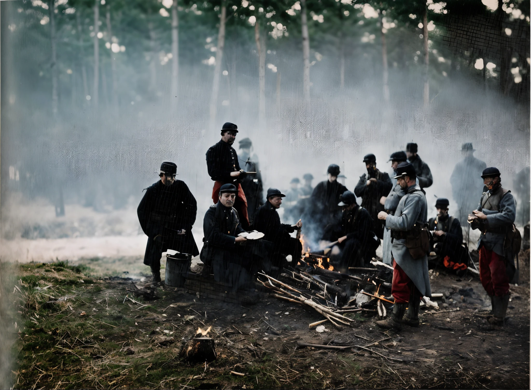 soldiers are gathered around a campfire in a wooded area, colorized photograph, by Etienne Delessert, colourised, by Henri-Julien Dumont, 1866, colorized, award winning colorized photo, colourized, 1894, colorized photo, 1865, old color photograph, 1857, prize winning color photo