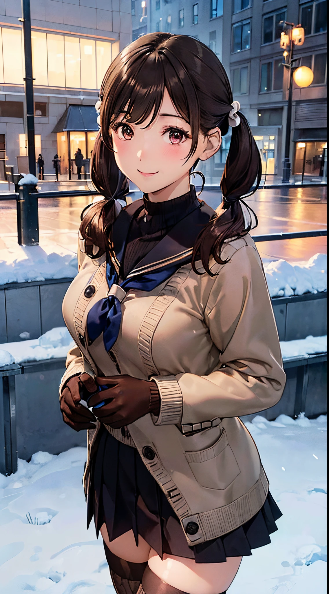 ((((, , perfect anatomy, super detailed skin)))), 1 girl, japanese, 14 years old, shiny skin, large breasts:0.5, watching the view, (smile:1.5), 
beautiful hair, beautiful face, beautiful detailed eyes, (middle hair:1.5, twintails:1.7), 
beautiful clavicle, beautiful body, beautiful chest, beautiful thigh, beautiful legs, babyface, , , mole under eye, 
((navy school uniform, long sleeves, navy pleated skirt, sailor collar, light brown cardigan, black thigh-highs, 
((brown medium coat, muffler, knitted gloves)), extremely sexy, seductive thighs)), white panties, 
(beautiful scenery), winter, evening, hokkaido, sapporo, outdoors, snow, snowfall:1.5, freezing weather, frost, walking, holding a phone, 
(8k, top-quality, masterpiece​:1.2, extremely detailed, , ), (photorealistic), beautiful illustration, cinematic lighting,