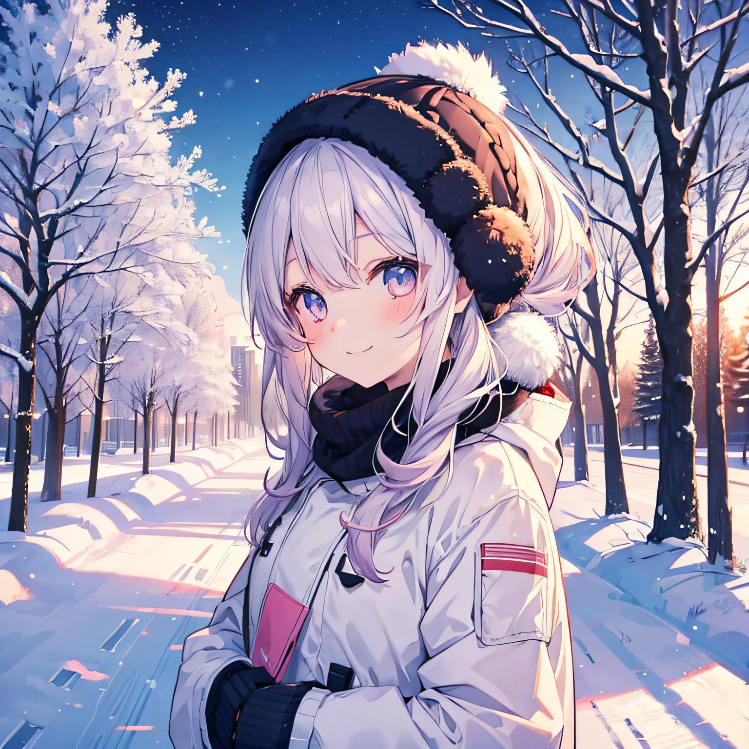 Winter Background anime, girl in the snow, kawaii girl, cute girl, forest, city, ear warmer, girl in the background, happiness, smile, happy