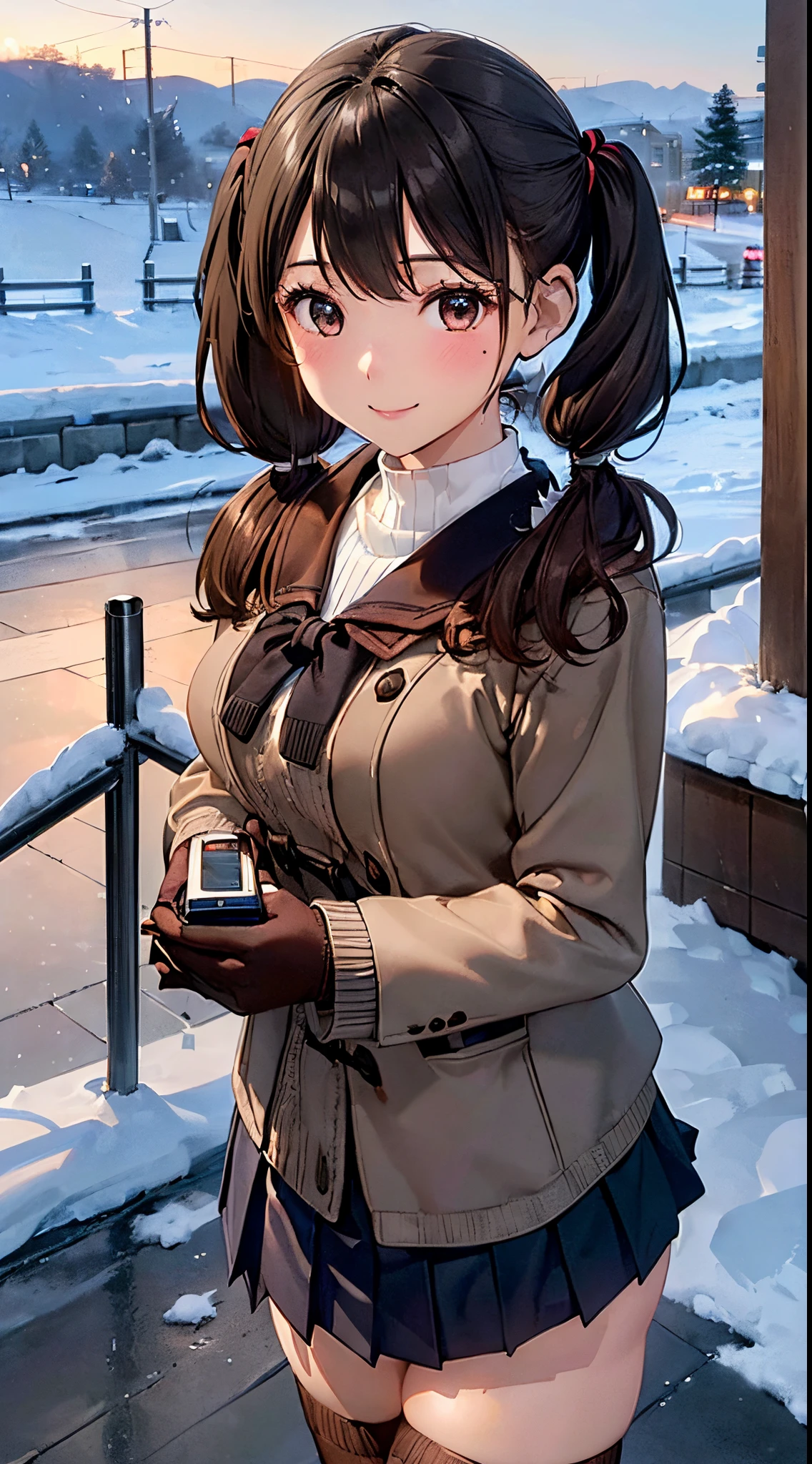 ((((, , perfect anatomy, super detailed skin)))), 1 girl, japanese, , shiny skin, large breasts:0.5, watching the view, (smile:1.5), 
beautiful hair, beautiful face, beautiful detailed eyes, (middle hair:1.5, twintails:1.7), 
beautiful clavicle, beautiful body, beautiful chest, beautiful thigh, beautiful legs, babyface, , le under eye, 
((navy school uniform, long sleeves, navy pleated skirt, sailor collar, light brown cardigan, black thigh-highs, 
((brown medium coat, muffler, knitted gloves)), extremely sexy, seductive thighs)), white panties, 
(beautiful scenery), winter, evening, hokkaido, sapporo, outdoors, snow, snowfall:1.5, freezing weather, frost, walking, holding a phone, 
(8k, top-quality, masterpiece​:1.2, extremely detailed, , ), (photorealistic), beautiful illustration, cinematic lighting,