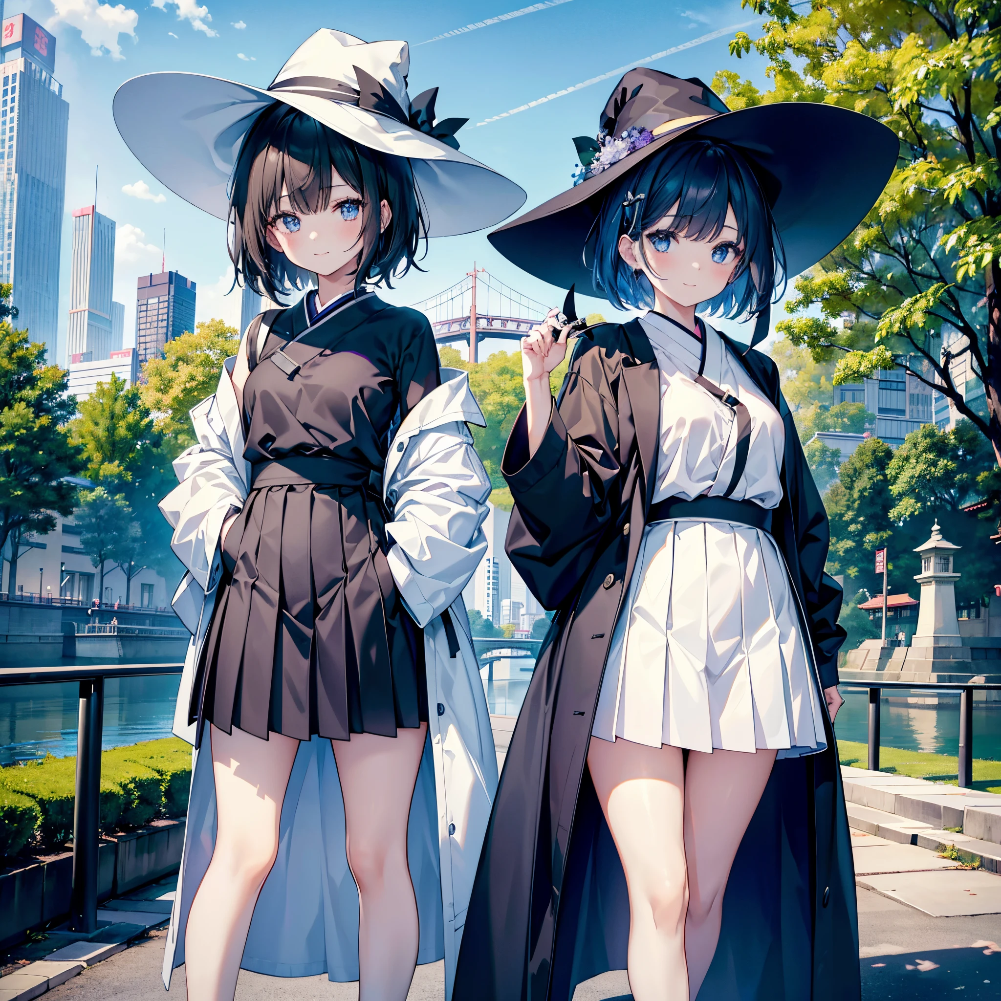 Two Japan women exposed in a park on the Sumida River in Japan、She was a 27-year-old woman with small breasts and loose, fluffy pure white short hair.、One is a 31-year-old woman with small breasts and a dark brown lob、The two are having fun、street snap、Sheer feeling、Beautuful Women、Looking at me with a smile、She wears a large black witch hat with sapphire accessories、Dark blue-purple medium short hair with white mesh and loose lob hair、Blue eyes with highlights、she is wearing a white t-shirt、She is wearing a long black coat over a white t-shirt、The front of the black long coat is open、She is wearing a black knee-length box pleated skirt、Black sneakers with white shoelaces、small tits、discreet breasts、A fragile smile、hiquality、High Details、high-level image quality、4K picture quality、beatiful backgrounds,drawn by Japanese ilastrator