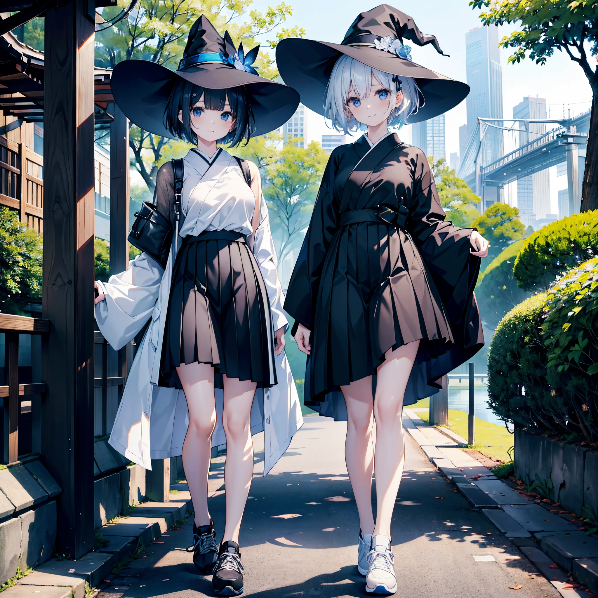 Two Japan women exposed in a park on the Sumida River in Japan、She was a 27-year-old woman with small breasts and loose, fluffy pure white short hair.、One is a 31-year-old woman with small breasts and a dark brown lob、The two are having fun、street snap、Sheer feeling、Beautuful Women、Looking at me with a smile、She wears a large black witch hat with sapphire accessories、Dark blue-purple medium short hair with white mesh and loose lob hair、Blue eyes with highlights、she is wearing a white t-shirt、She is wearing a long black coat over a white t-shirt、The front of the black long coat is open、She is wearing a black knee-length box pleated skirt、Black sneakers with white shoelaces、small tits、discreet breasts、A fragile smile、hiquality、High Details、high-level image quality、4K picture quality、beatiful backgrounds,drawn by Japanese ilastrator
