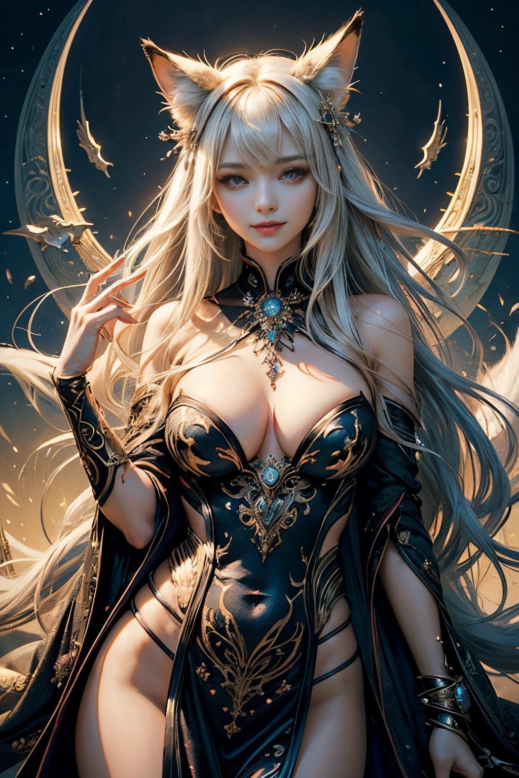(masterpiece、top-quality、top-quality、offcial art、Exquisite and beautiful:1.2)、(1 girl in)、The is very detailed、(s fractal art:1.3)、Colorful、highest details, nine tail fox, 9 White, black fox ears, Devil cat eye, A fox inspired by a Japanese deity, Fantasy Fairy Transparent Clothes, Carefully embellished with gold, Fantasy Japan Background, gently smiling, the super hot and sexy, Large breasts, anatomically co, slender wrists and broad hips, soft expression, A smile, sliver long hair, swell sea, facing the front there, The hair is falling apart