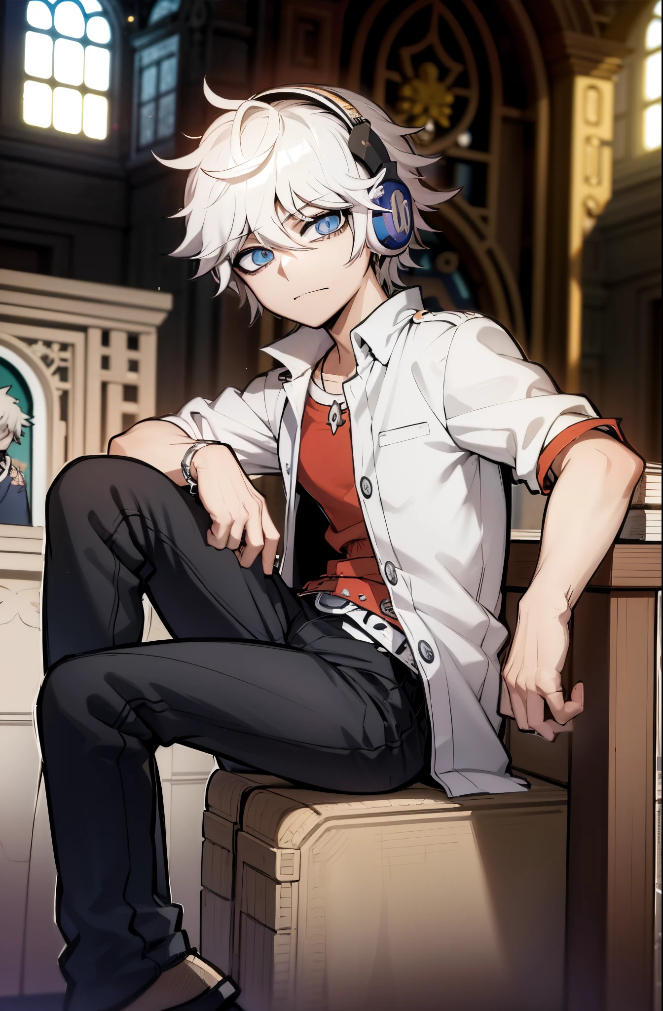 personagem de anime sentado em um banco em uma igreja com fones de ouvido, rostoentediado, olhos azuis, Nagito Komaeda, Nagito Komaeda de Danganronpa, cabelos brancos, Hajime Yatatate, arte oficial, cabelos brancos, Arte Oficial, Arte digital de Danganronpa, um louco de cabelos prateados, Killua Zoldyck Retrato, arte chave do anime