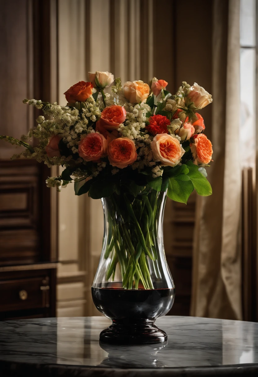 A photo of a beautifully arranged bouquet of flowers in a crystal vase on a marble table,The Silence of the Lambs,Lecter’s appearance is described as being disarmingly ordinary yet neat, with an intense gaze and a hint of predatory sharpness. He often presents himself with impeccable manners, a calm composure, and a precise, almost surgical precision in movement, masking the monster that lies beneath his civilized veneer.