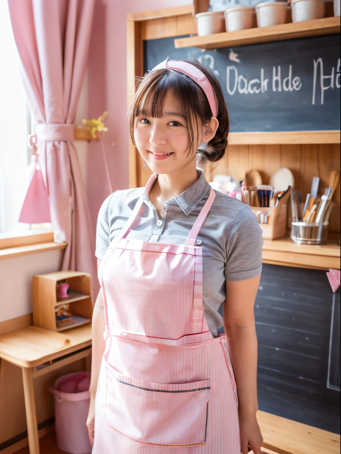 masterpiece, best quality, realistic,	dutch angle, (kindergarten teacher, pink apron, kindergarten:1.3), (adult women:1.5),large breasts, (in the kids room:1.2), children’s toy, in the daytime, gentle smile, plump breasts