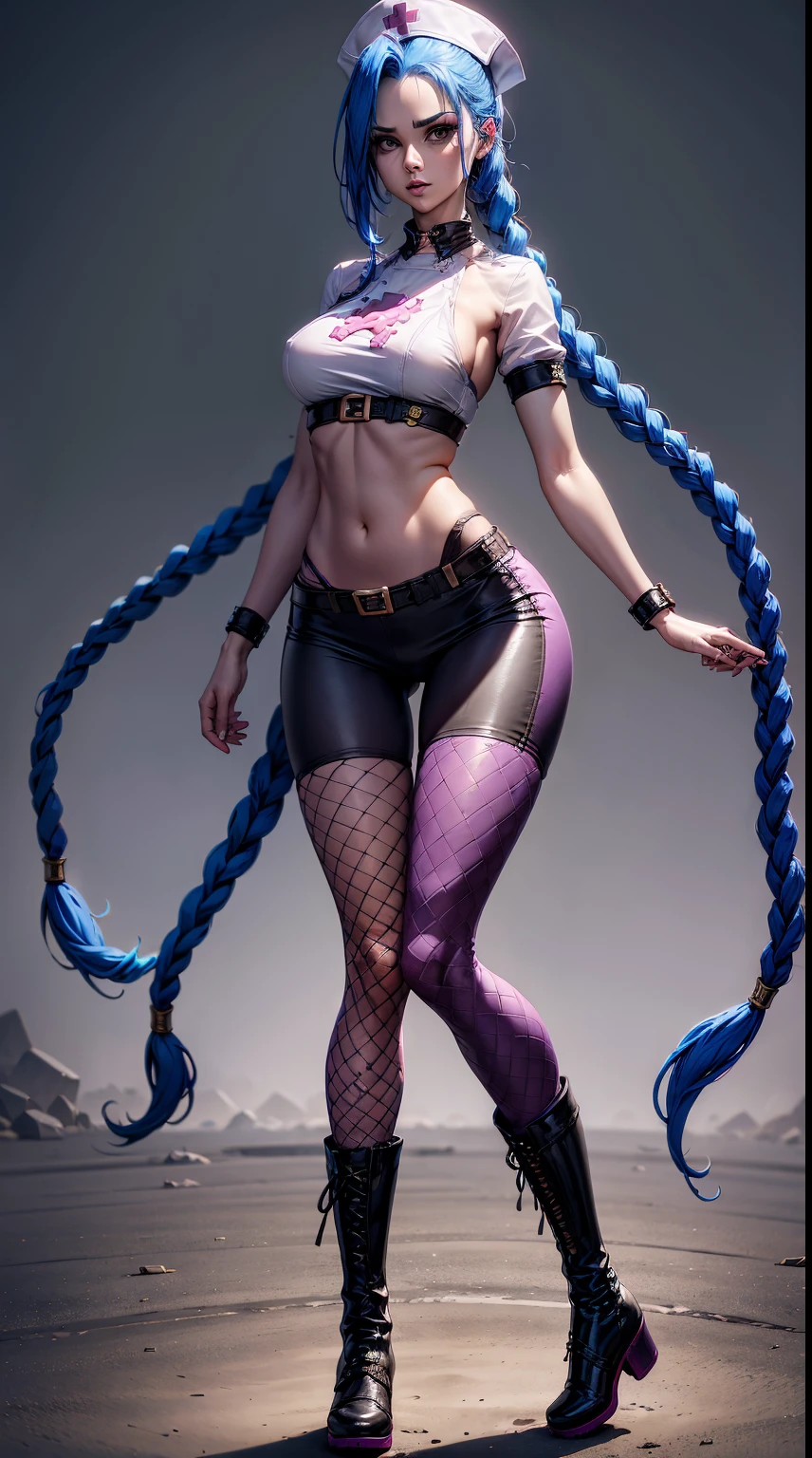 Jinx nurse，nurse hat，(White nurse costume)，Rose tattoo，Blue twist braid，Runaway Lori，League of Legends ，de cuerpo completo，(kneehigh boots)),purpleish color，(fishnet leggings),(standing on your feet)，The background is dark and tough，There is a sense of danger and intensity。