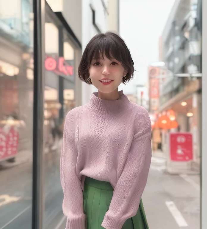 1womanl、20yr old、Wearing a sweater、skirt by the、Shorthair、Photorealsitic、Yoshiko Akishino