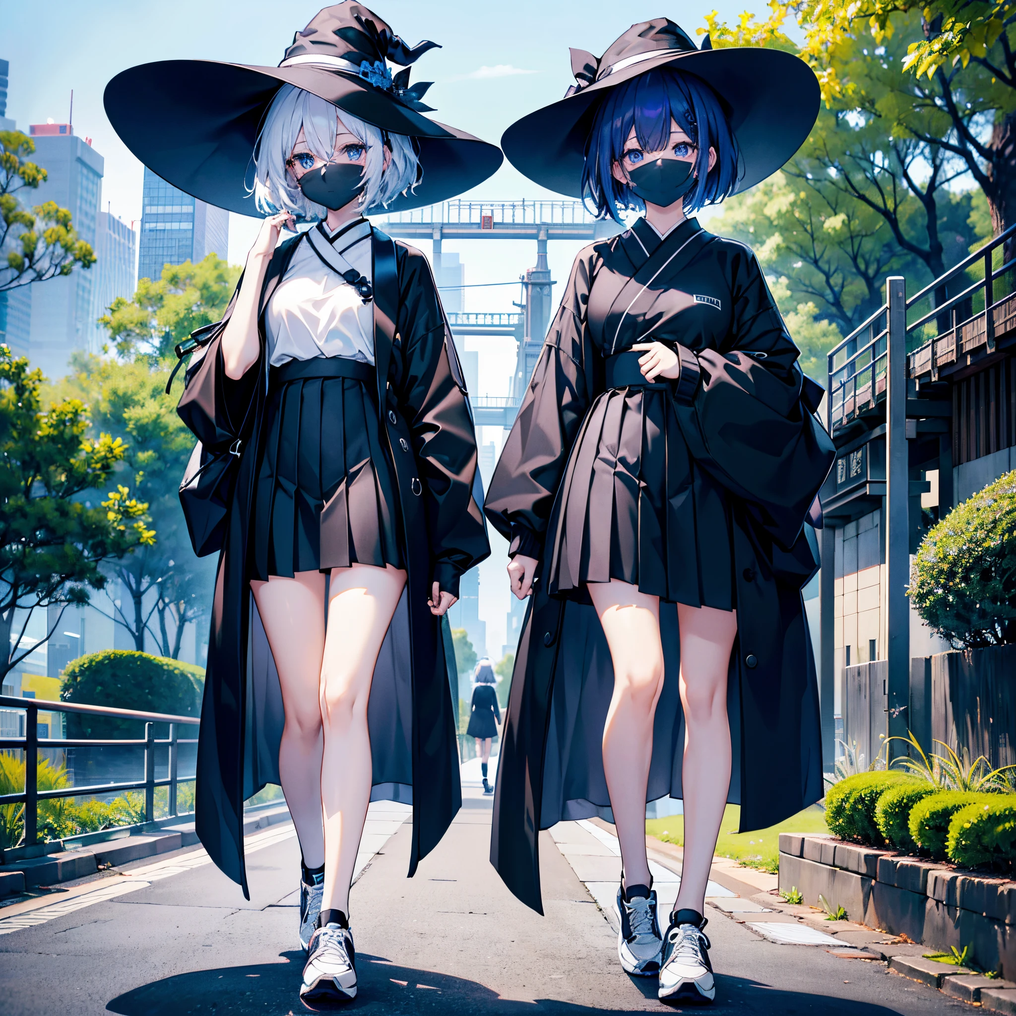 Two Japan women exposed in a park on the Sumida River in Japan、She was a 27-year-old woman with small breasts and loose, fluffy pure white short hair.、One is a 31-year-old woman with small breasts and a dark brown lob、The two are having fun、street snap、Sheer feeling、Beautuful Women、Looking at me with a smile、She wears a large black witch hat with sapphire accessories、Dark blue-purple medium short hair with white mesh and loose lob hair、Blue eyes with highlights、she is wearing a white t-shirt、She is wearing a long black coat over a white t-shirt、The front of the black long coat is open、She is wearing a black knee-length box pleated skirt、Black sneakers with white shoelaces、small tits、discreet breasts、A fragile smile、hiquality、High Details、high-level image quality、4K picture quality、beatiful backgrounds,drawn by Japanese ilastrator