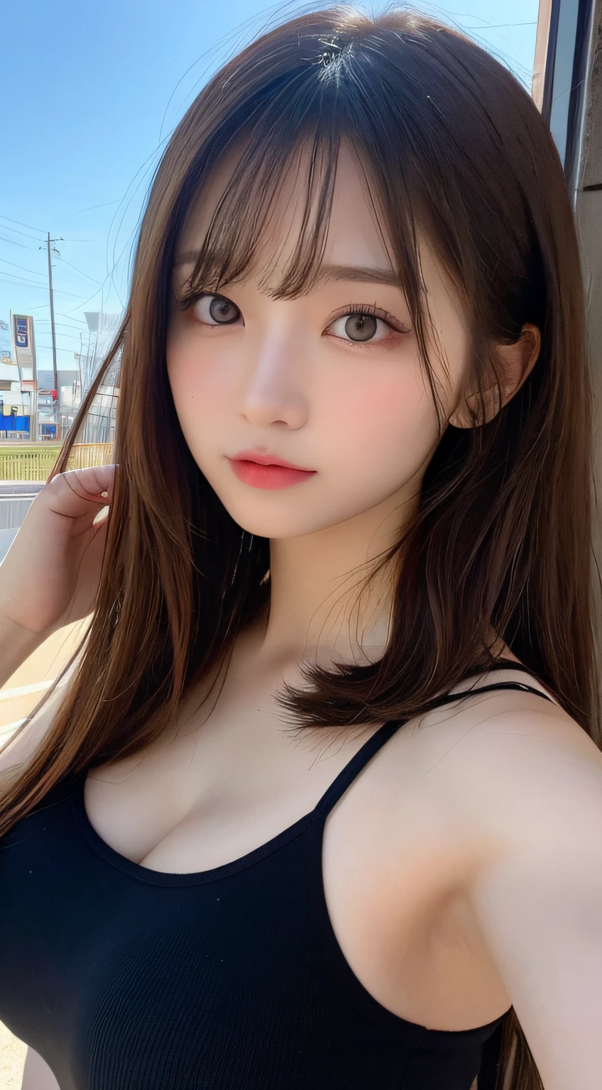 finely detail, hight resolution, hightquality、Perfect dynamic composition, Beautiful detailed eyes, Medium Hair,Natural Color Lip,Kamimei、Shibuya、20 years girl、1 persons、Transparent skin、Glowing hair、masutepiece, Best Quality, Illustration, Ultra-detailed, finely detail, hight resolution, 8K、The correct state of the human body、randome pose、Gravure Model Pose,Hair soaring in the wind、Underwear,length hair,Big Tits,gigantic cleavage breasts, Bold sexy poses,Colossal tits、up of face