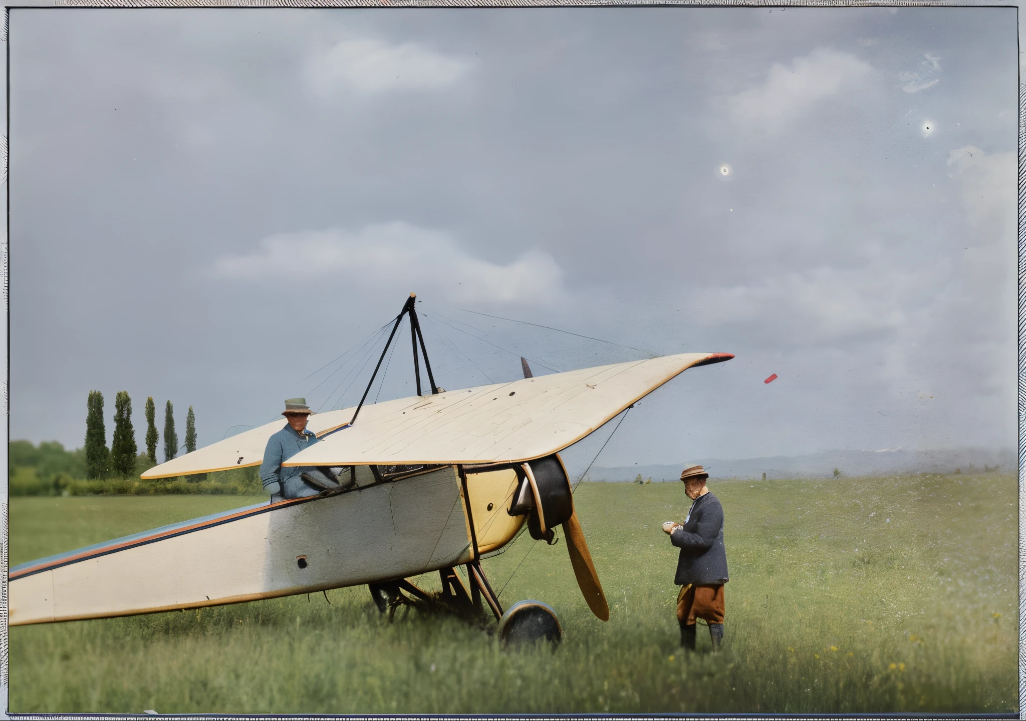 there is a man standing next to a small airplane in a field, colorized, colorized photograph, colorized 1 9 0 4 photo, colourized, old color photograph, colorized photo, vintage color photo, 4 k photo autochrome, old color photo, colorized background, a colorized photo, autochrome, colourised, autochrome photograph, award winning colorized photo
