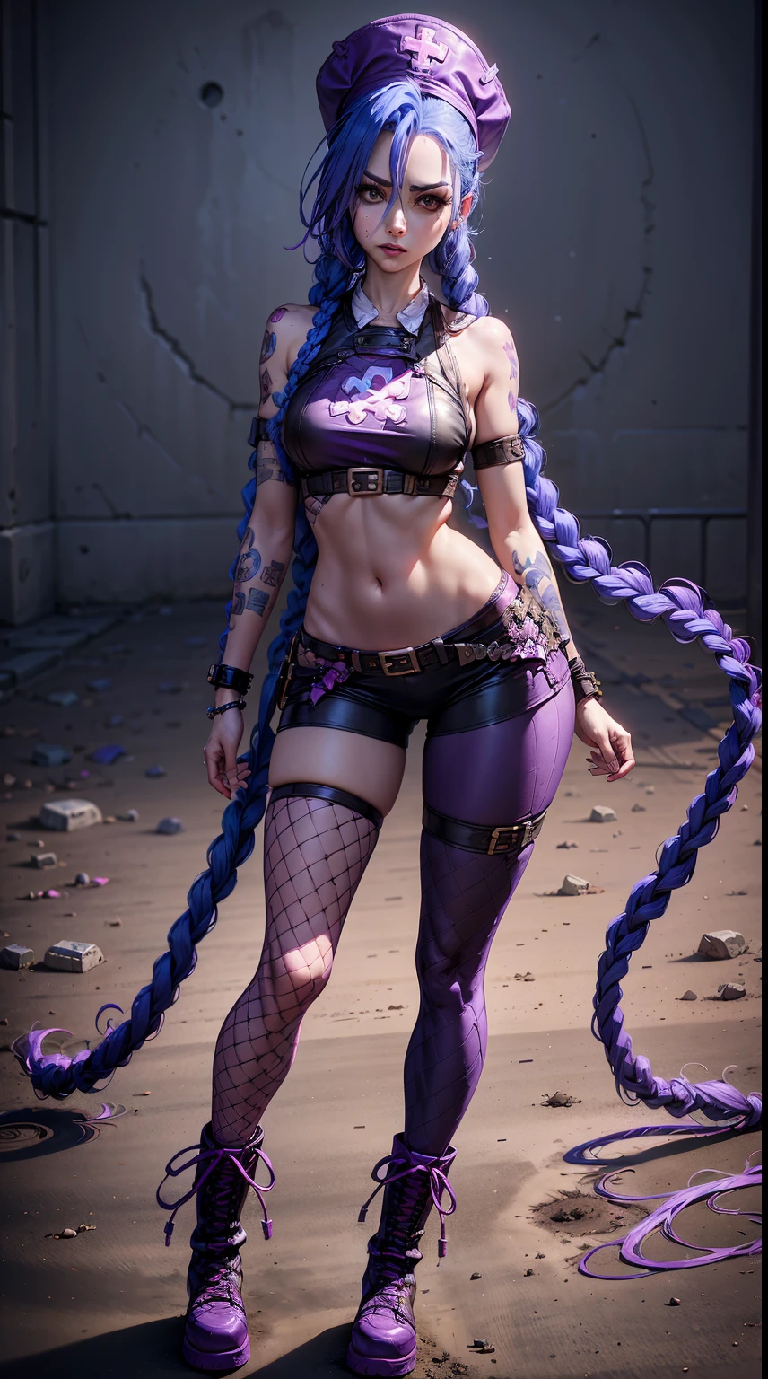 Jinx nurse，white colors，nurse hat，(nurse costume)，Rose tattoo，Twist braids，Runaway Lori，League of Legends ，de cuerpo completo，(kneehigh boots)),purpleish color，(fishnet leggings),(standing on your feet)，The background is dark and tough，There is a sense of danger and intensity。