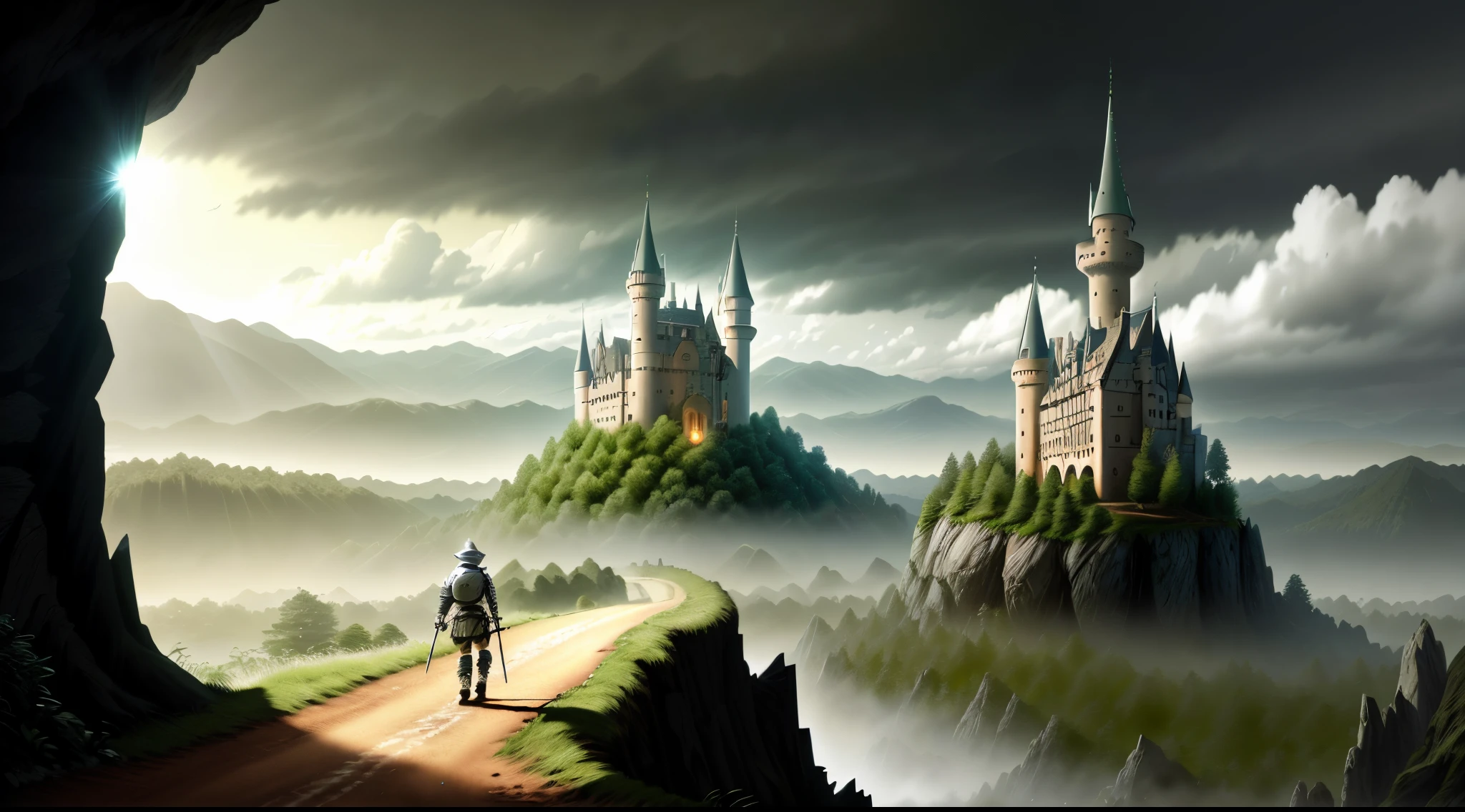 knight child character walking on a dirt path to a castle on the horizon in the middle of the epic magic forest, 64k resolution master piece make the knight is on the left of the photo and the rest showing the horizon to the castle