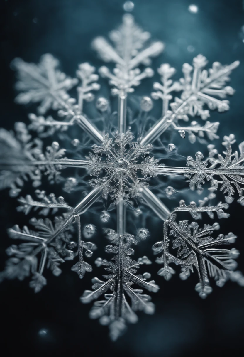 A close-up, macro shot of a delicate snowflake, showcasing its intricate, symmetrical pattern and unique crystalline structure