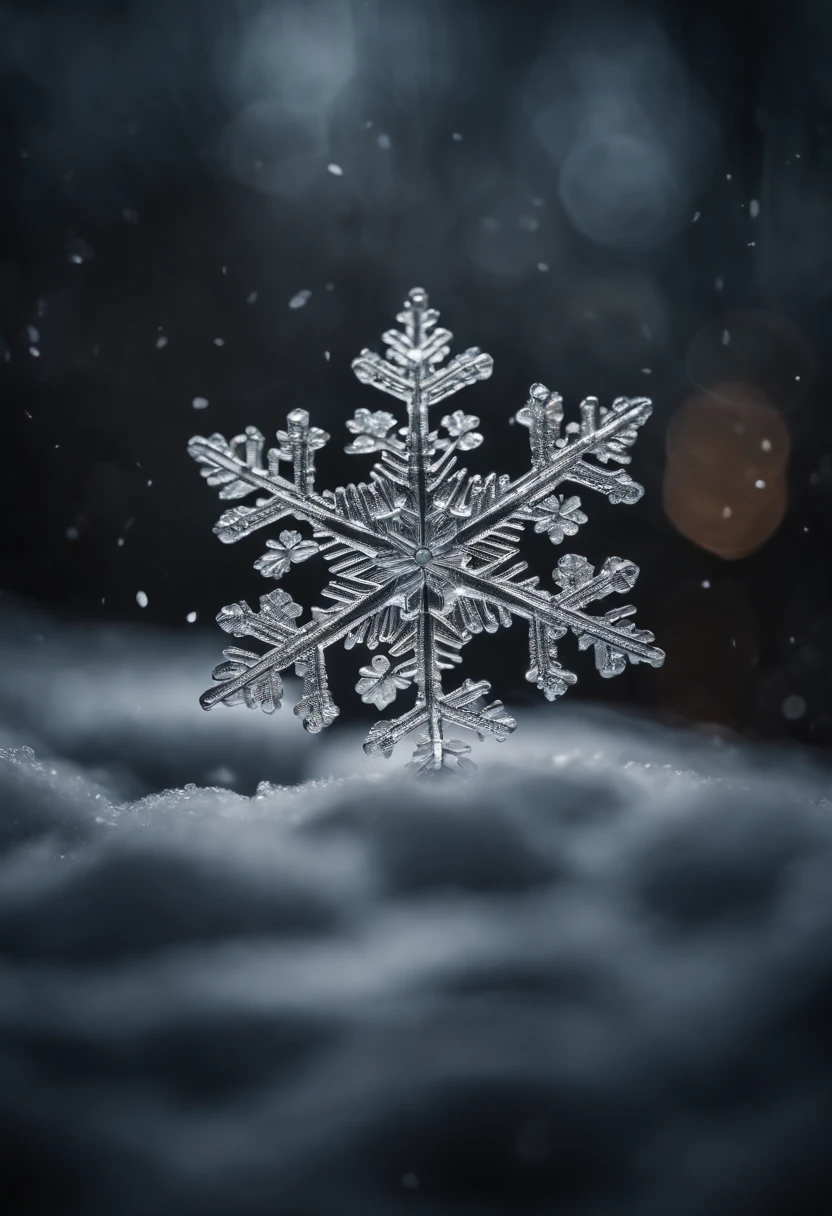 A snowflake in mid-flight, caught in the act of falling against a dark background, highlighting its beautiful, lacy design