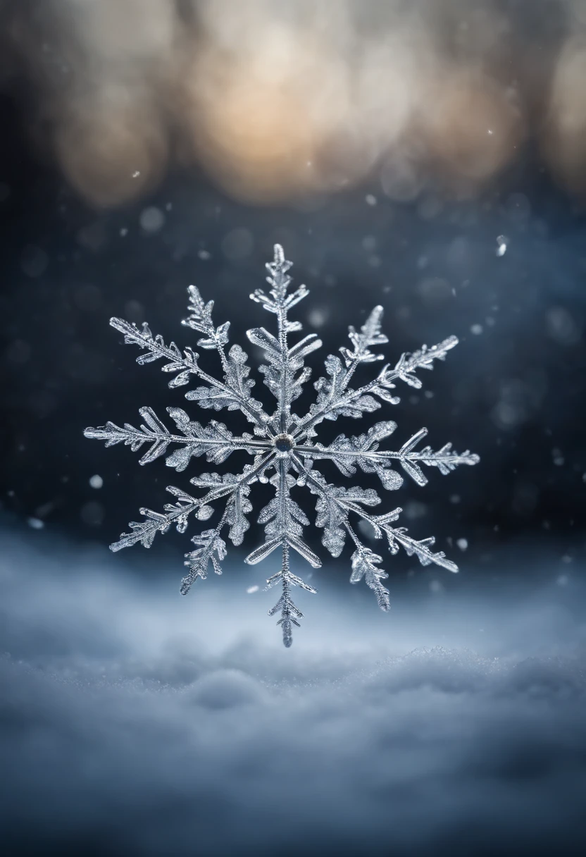 A snowflake in mid-flight, caught in the act of falling against a dark background, highlighting its beautiful, lacy design