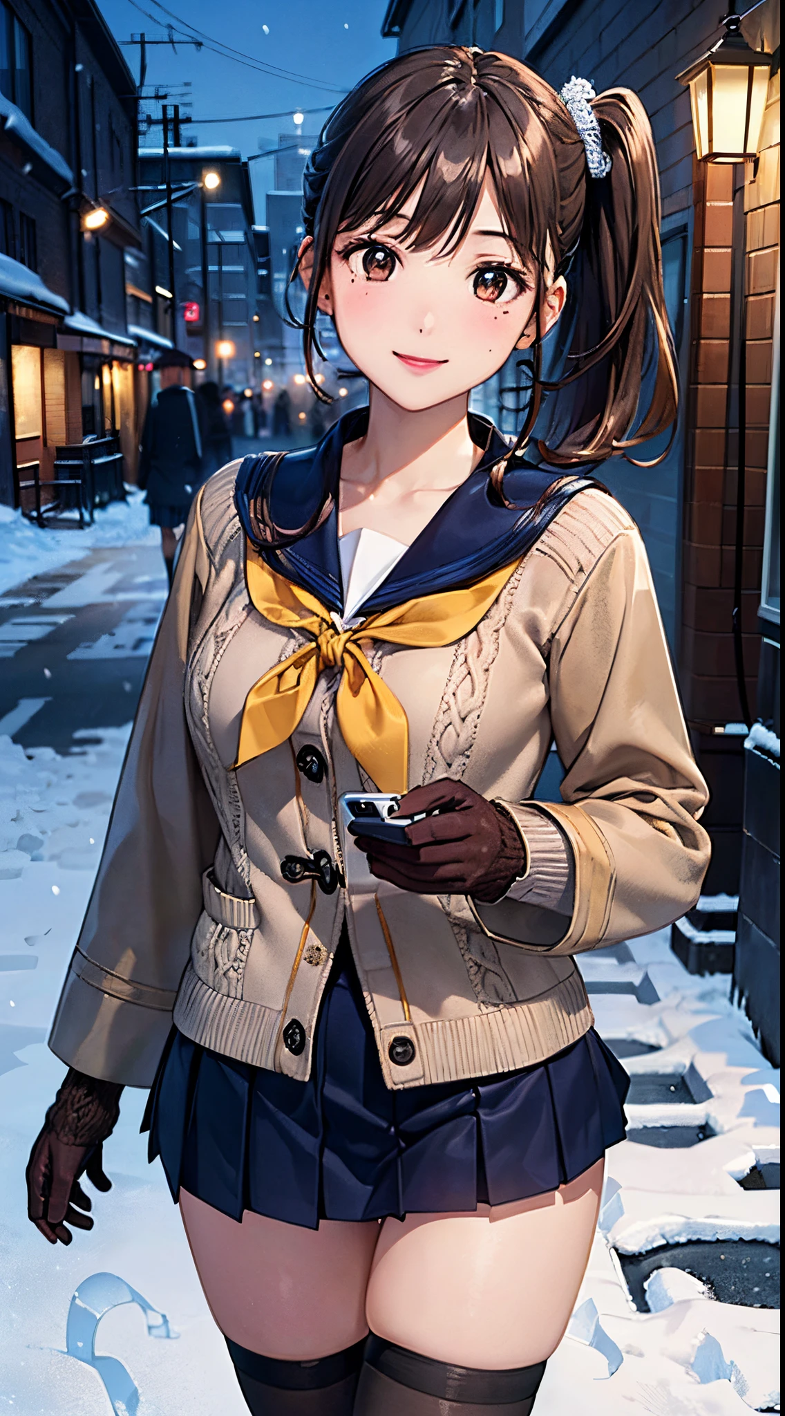 ((((, , perfect anatomy, super detailed skin)))), 1 girl, japanese, 14 years old, shiny skin, large breasts:0.5, watching the view, (smile:1.5),
beautiful hair, beautiful face, beautiful detailed eyes, (middle hair:1.7, side ponytail:1.4),
beautiful clavicle, beautiful body, beautiful chest, beautiful thigh, beautiful legs, babyface, , , mole under eye,
((navy school uniform, long sleeves, navy pleated skirt, sailor collar, light brown cardigan, black thigh-highs,
((brown medium coat, muffler, knitted gloves)), extremely sexy, seductive thighs)), white panties,
(beautiful scenery), winter, evening, hokkaido, sapporo, outdoors, snow, snowfall:1.5, freezing weather, frost, walking, holding a phone,
(8k, top-quality, masterpiece:1.2, extremely detailed, , ), (photorealistic), beautiful illustration, cinematic lighting,