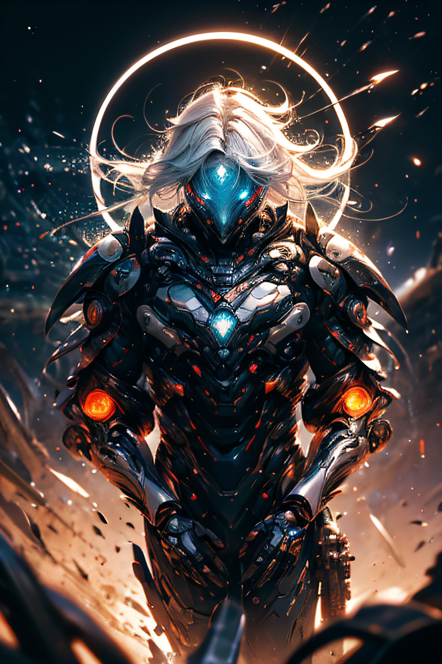 (CG Mecha), Beautiful eyes, Upper body, Predator Armor, Portrait, droid,White-orange armor,, Neon light, 8K, raw, Best Quality, masutepiece, (depth of fields, Bokeh:1.3), extremely detailed eye and face, Beautiful detailed eyes、Black gold,超A high resolution, Colorful,Colorful paint、((clong legs)),Detailed background, Luminescent eyes、Dark Fantasy,3d rendered、Desolate Land、white hair、Full Body Portfolio、Colorful hair、A warrior、Mechanical body、dark backgrounds、(Dark imagery)