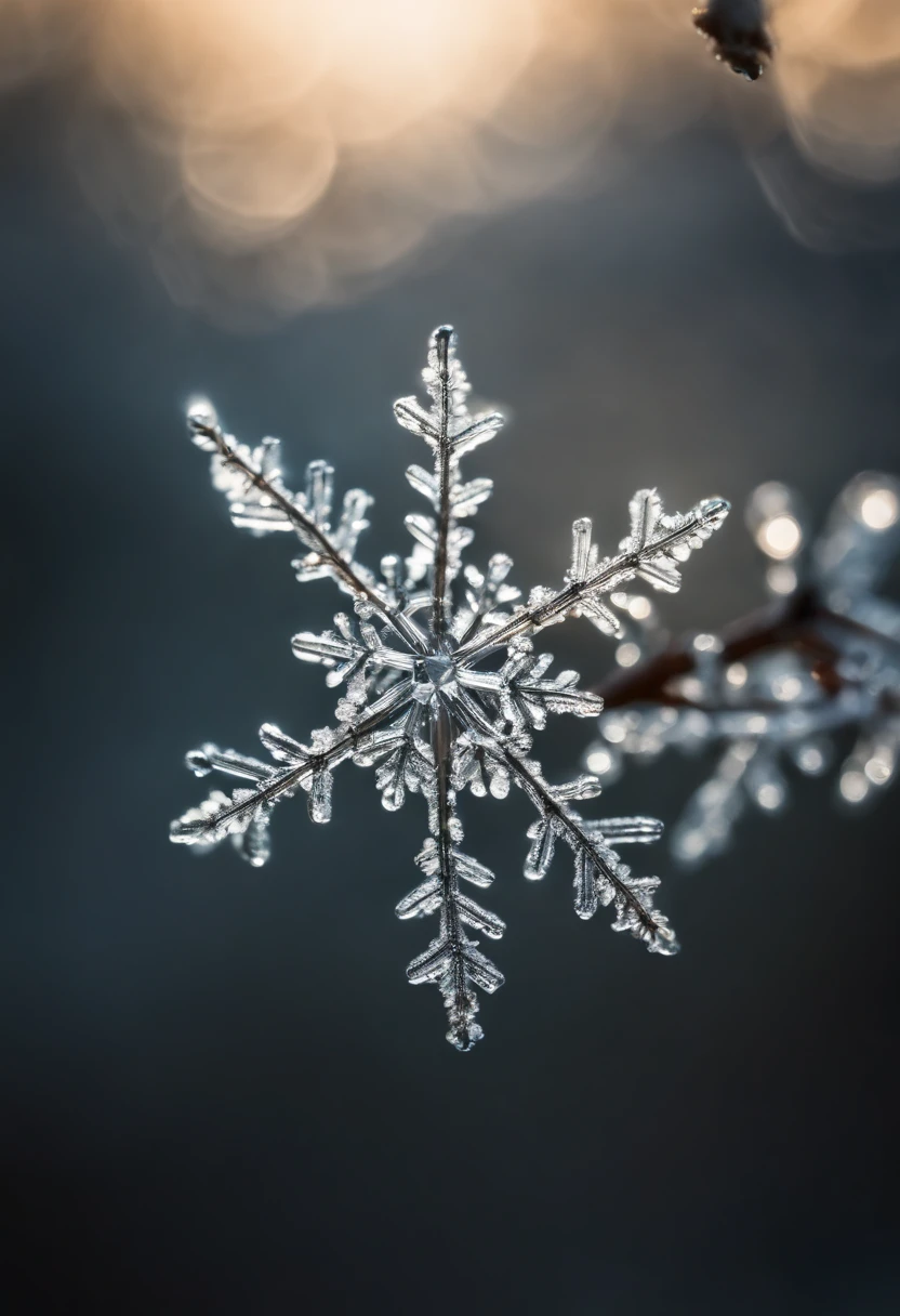 A snowflake caught on a branch, with its crystal-clear structure illuminated by a soft, wintry light.