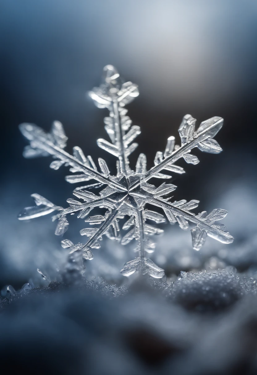 An extreme close-up of a snowflake, capturing the fine details of its individual ice crystals and the glistening edges