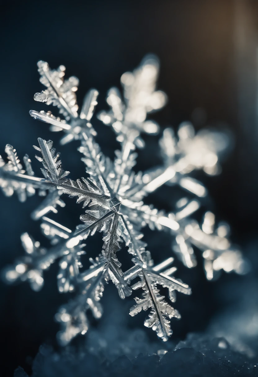 An extreme close-up of a snowflake, capturing the fine details of its individual ice crystals and the glistening edges
