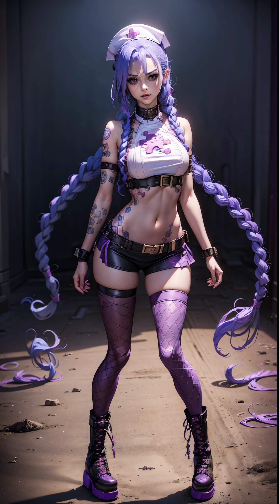 Jinx nurse，white colors，nurse hat，(nurse costume)，Rose tattoo，Twist braids，Runaway Lori，League of Legends ，de cuerpo completo，(kneehigh boots)),purpleish color，(fishnet leggings),(standing on your feet)，The background is dark and tough，There is a sense of danger and intensity。