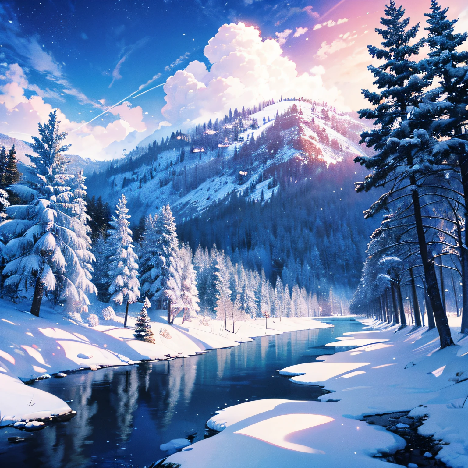 Winter Background anime, snow, forest, city, 4K HDR, Maximum quality, extreammente detalhado, plano de fundo anime