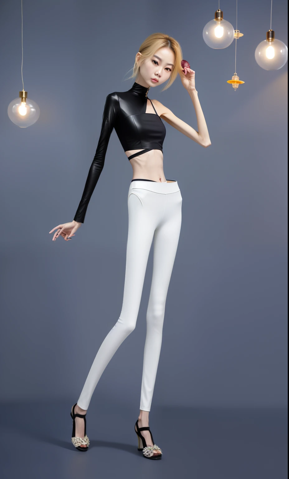 very thin adult woman，A thin body，Protruding sternum，The waist is very thin，The ribs are noticeable，Protruding ribs，The pelvic protrusion is very obvious，Pelvic width，Legs are just skin and bones，Fair skin，thin shoulde，The waist is very thin，Sunken abdomen，Delicate arms，arm muscle atrophy，hunger，sunken lower abdomen，short detailed hair，Wear tight leather pants，Wearing black stockings，Wear slippers，Asia face，The waist is particularly thin，angry look，Excessive weight loss，The face is sunken and thin，Severe malnutrition，hunger，Weak，anorexia