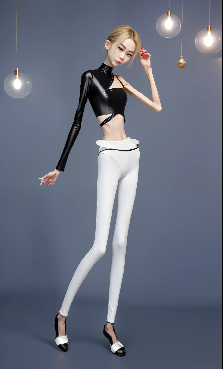 very thin adult woman，A thin body，Protruding sternum，The waist is very thin，The ribs are noticeable，Protruding ribs，The pelvic protrusion is very obvious，Pelvic width，Legs are just skin and bones，Fair skin，thin shoulde，The waist is very thin，Sunken abdomen，Delicate arms，arm muscle atrophy，hunger，sunken lower abdomen，short detailed hair，Wear tight leather pants，Wearing black stockings，Wear slippers，Asia face，The waist is particularly thin，angry look，Excessive weight loss，The face is sunken and thin，Severe malnutrition，hunger，Weak，anorexia