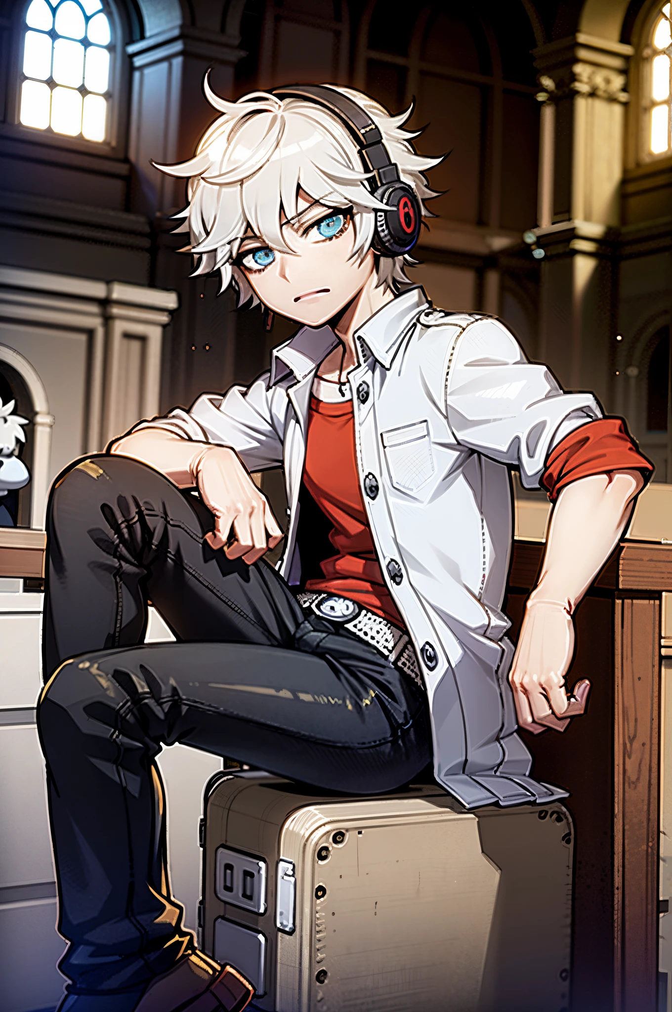 personagem de anime sentado em um banco em uma igreja com fones de ouvido, Nagito Komaeda, Nagito Komaeda de Danganronpa, cabelos brancos, Hajime Yatatate, arte oficial, cabelos brancos, Arte Oficial, Arte digital de Danganronpa, um louco de cabelos prateados, nero Retrato, arte chave do anime