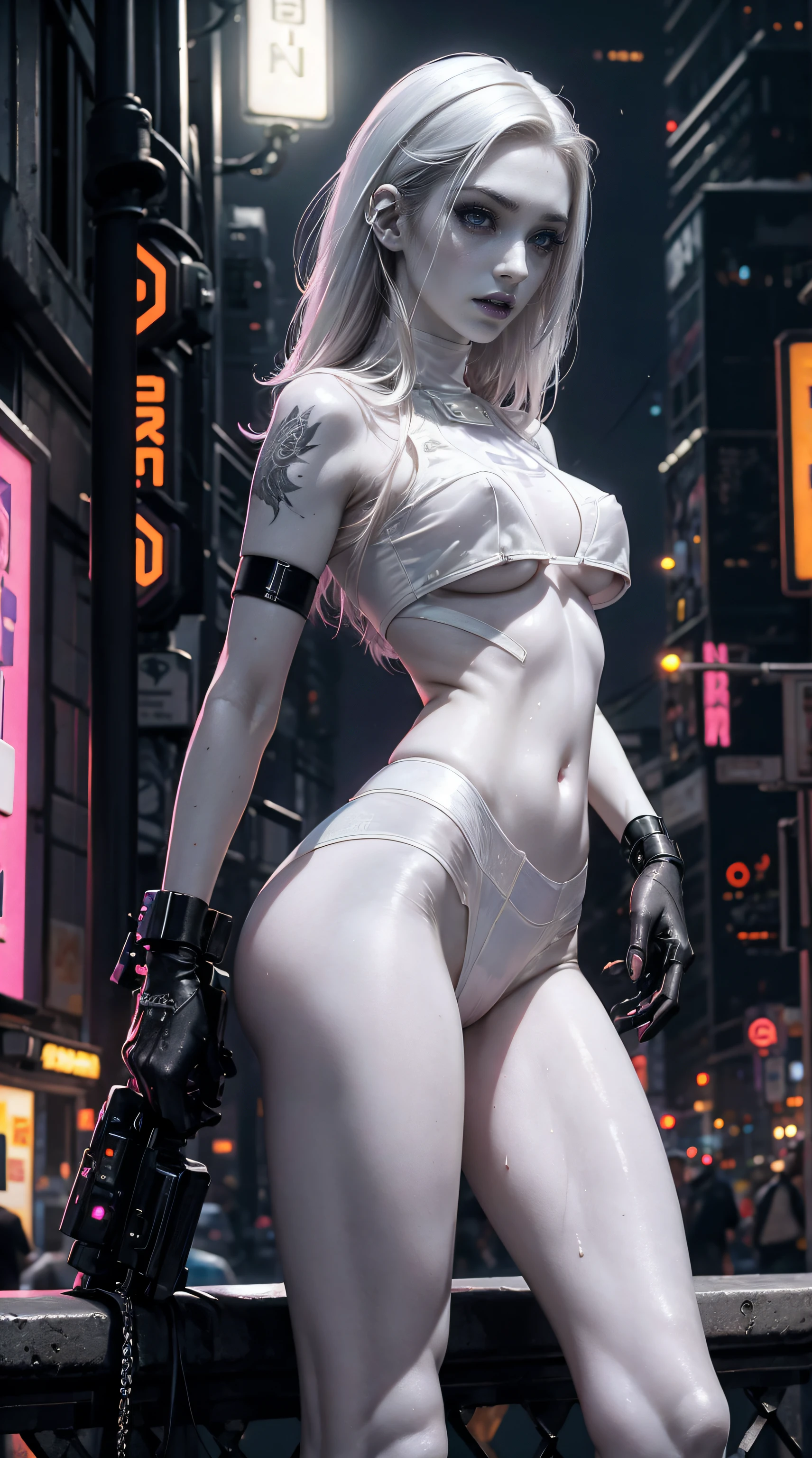 cyberpunk aesthetic, light eyes, eyelash, eyeliner, good makeup, sexy, (pale skin:1.9), detailed face, pretty face, rouge, good texture, strong shadows, bright, small boobs, skinny, transparent clothes, tanga, looking up, camera down, energetic pose, dinamic pose, athletic, 8k, fangs, detailed, tattooed, direct dark light, street background, balcon, neon lights, coloured, night, wet clothes, detailed nipples, naked, mecanic arm, wet, fiber muscles, strong woman, small nose, big eyes, great quality, jewelry, purple filter, detailed vagina, , neon direct, light, naked boobs, focus face,, pink, hair, cyberpunk 2077, edgerunners, blade runner, gothic legs, lasers,, slim underwear, erect nipples, showing ass, spread breast, hotel room, strong light