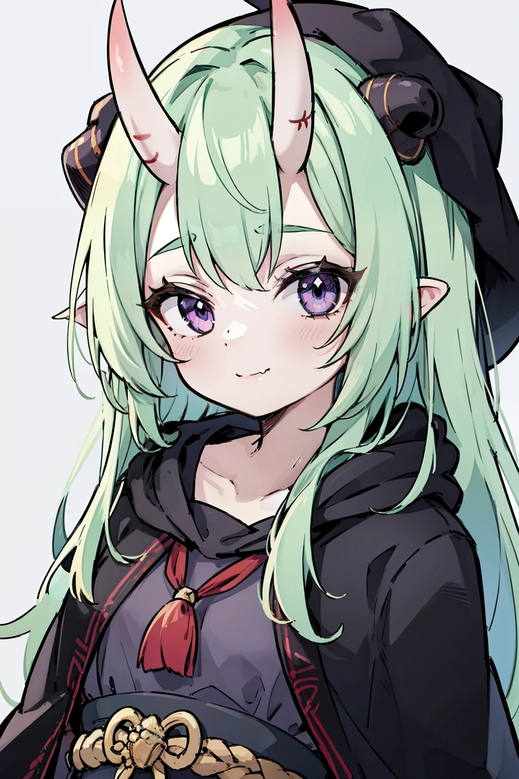 masterpiece, best quality, 4k, face close-up, portrait, 1girl, solo, beige hair, light green hair, pale green hair, long hair, purple eyes, small breasts, oni girl, oni horns, (skin fang:0.9), smile, closed mouth, black cloak, hood, medieval fashion, standing, arms behind back, looking at viewer, white background, abstract background