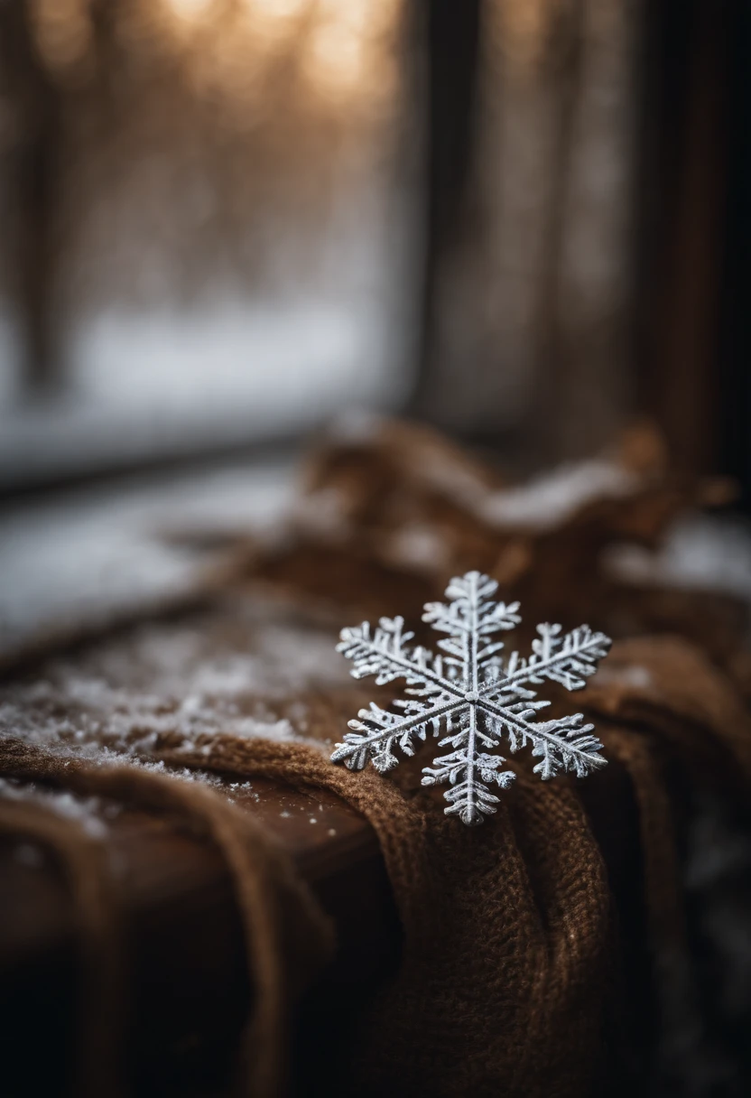 A snowflake resting on a textured surface, such as a woolen scarf or wood, emphasizing the contrast between the intricate patterns and the material below