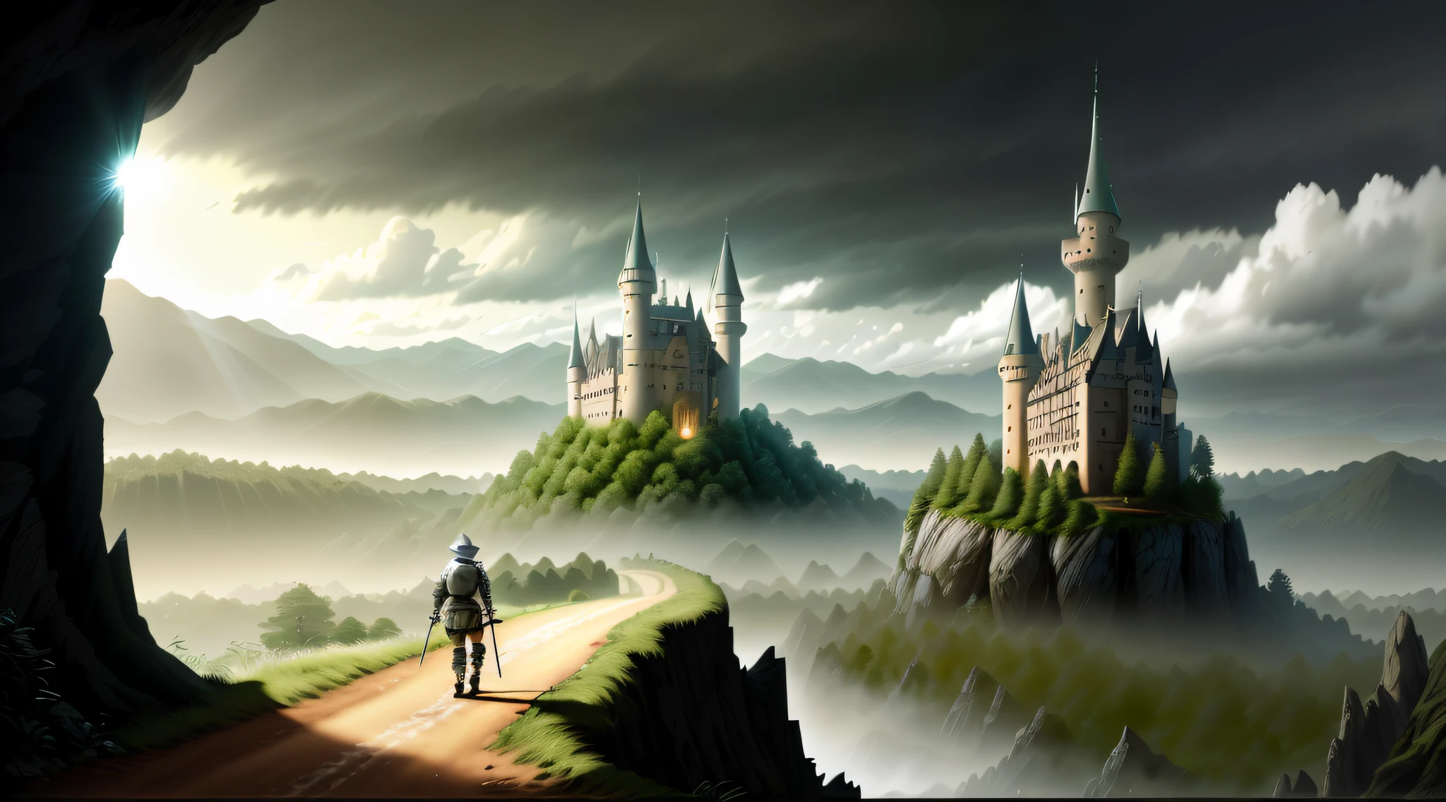knight character walking on a dirt path to a castle on the horizon in the middle of the epic magical forest, Masterpiece with 64k resolution has the knight on the left of the photo and the rest showing the horizon towards the castle