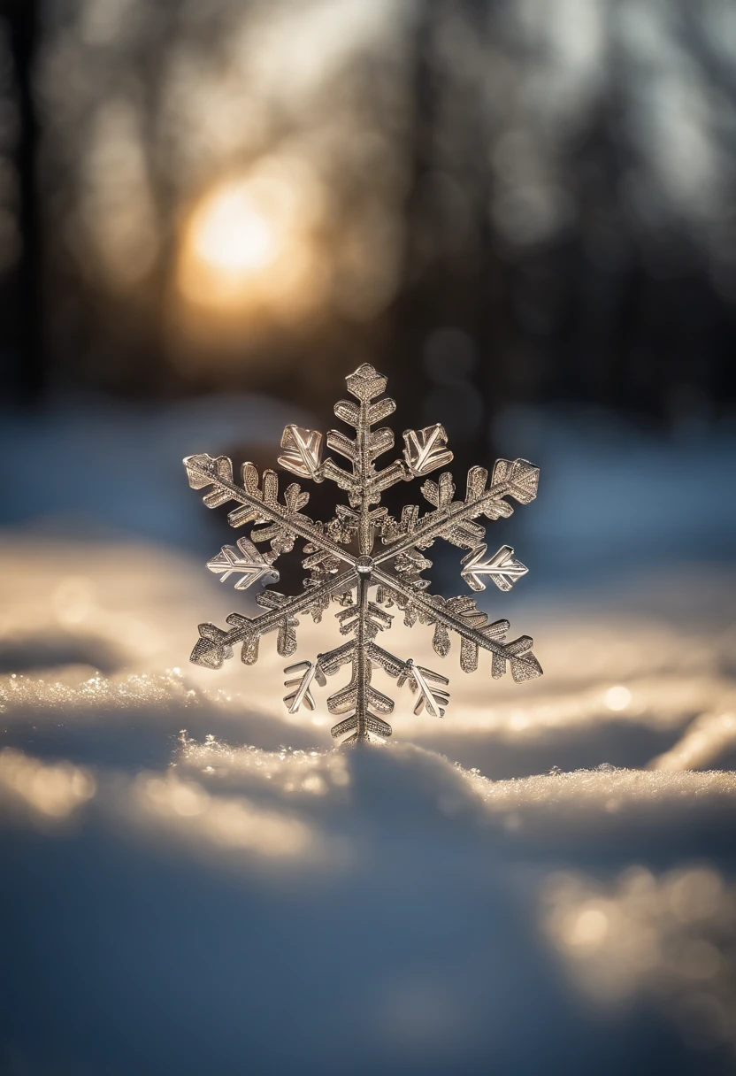 A snowflake caught in the sunlight, creating a mesmerizing play of light and shadow as it sparkles and glistens.