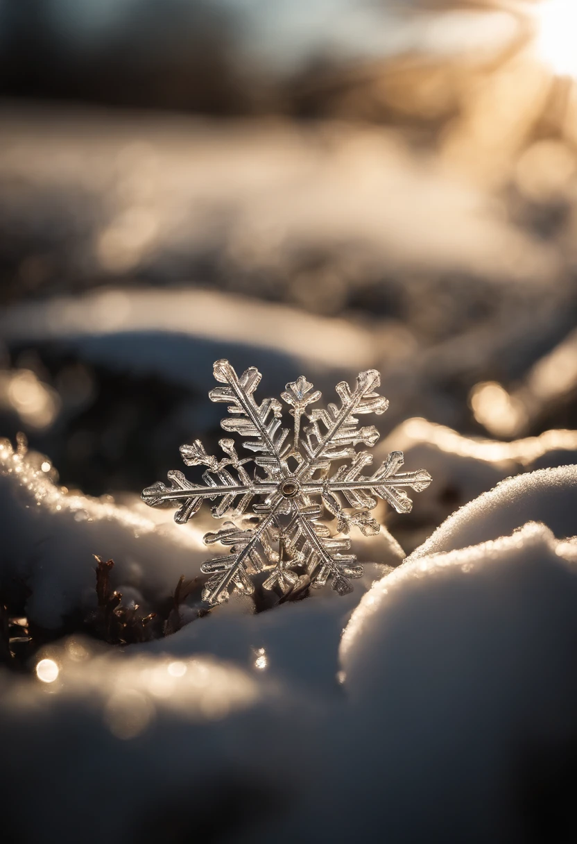 A snowflake caught in the sunlight, creating a mesmerizing play of light and shadow as it sparkles and glistens.