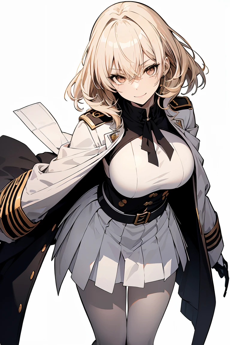 (Super Sexy Pose:1.2), 1 girl in, Full body, White one-piece military uniform, (masutepiece:1.2, Best Quality), (finely detailed beautiful eye: 1.2), (beautifull detailed face), High contrast, (Best Illumination, extremely delicate and beautiful), ((Cinematic Light)), Dramatic light, dark orange eyes, Small, Belt under boobs, White military uniform, White skirt,blonde  hair, Black tie,  (Pale white background:1.5), Wolf cut hair, Look at me and smile,