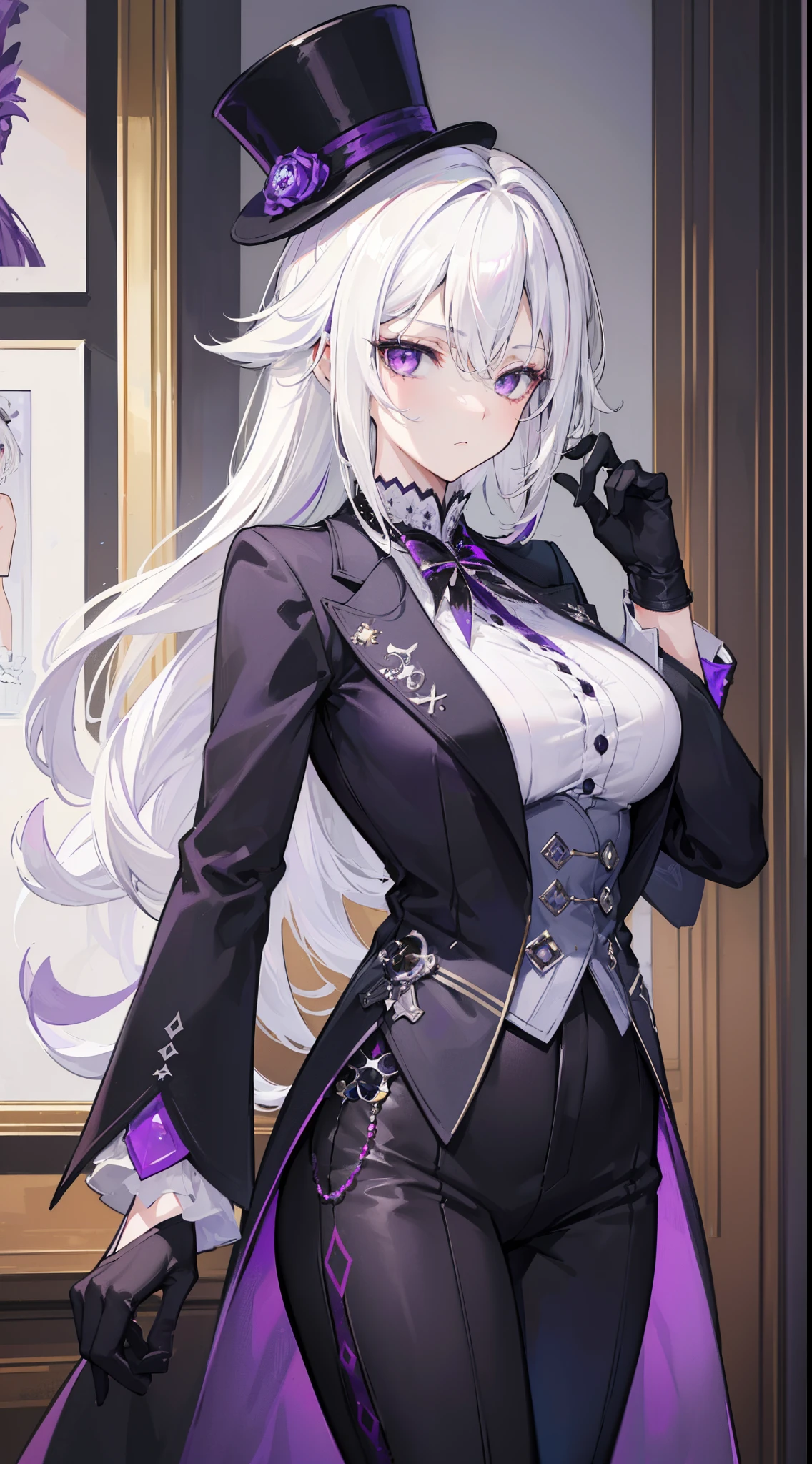 (best quality:1.3), (masterpiece:1.3), (illustration:1.3), (ultra-detailed:1.3), (imid shot:0.9), 1girl, medium breasts, purple eyes, (((white hair))), hair ornaments, tall, young, outfit-gladiia, long hair, tied hair, indoors, black shorts, thigh-highs, low ponytail