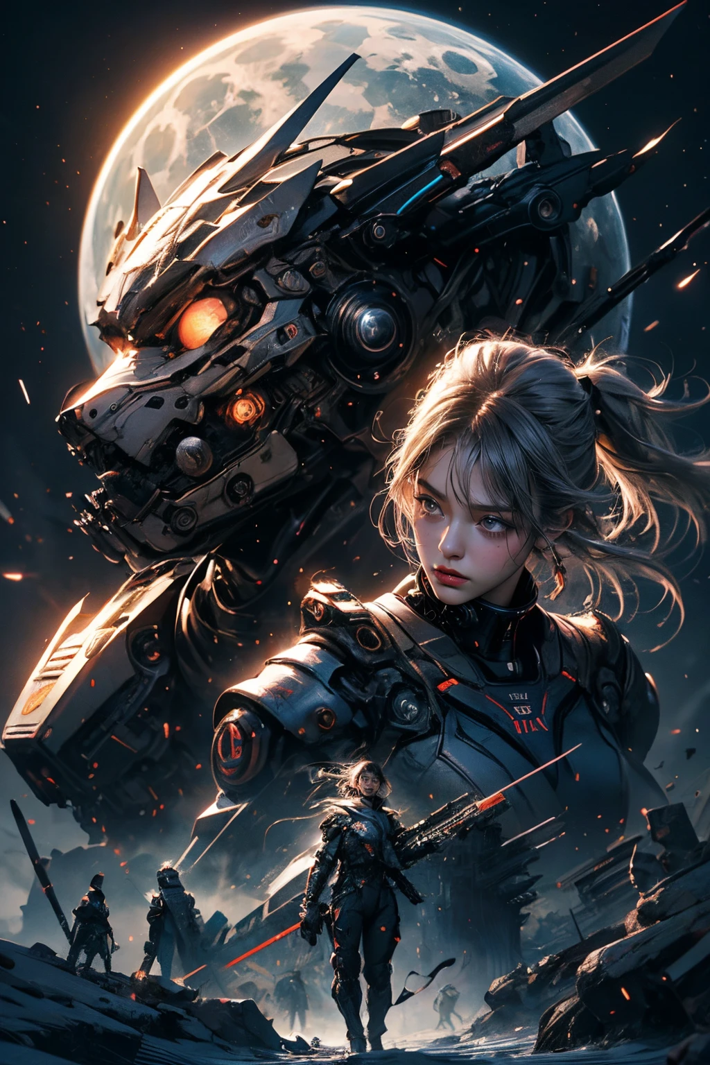 CG Mecha, Beautiful eyes, Upper body, Mechanic Armor, Portrait,jet suit、flying though the air、patrol、 police officers、flawless、Neon light, 8K, raw, Best Quality, masutepiece, 超A high resolution, Colorful, (medium wide shot), (Dynamic perspective), foco nítido , (depth of fields, Bokeh:1.3), extremely detailed eye and face,ninjartist, Beautiful detailed eyes、Black gold, Trimmed gear:1.2), ((masutepiece, Best Quality)), Detailed background, Inside the spacecraft、Hold your weapon、（Gray hair）、brue eyes、poneyTail、dirty、bio luminescent、fullmoon、Photographed with Canon R5、Get down on one knee、Dark Fantasy,​masterpiece、movie、art by、