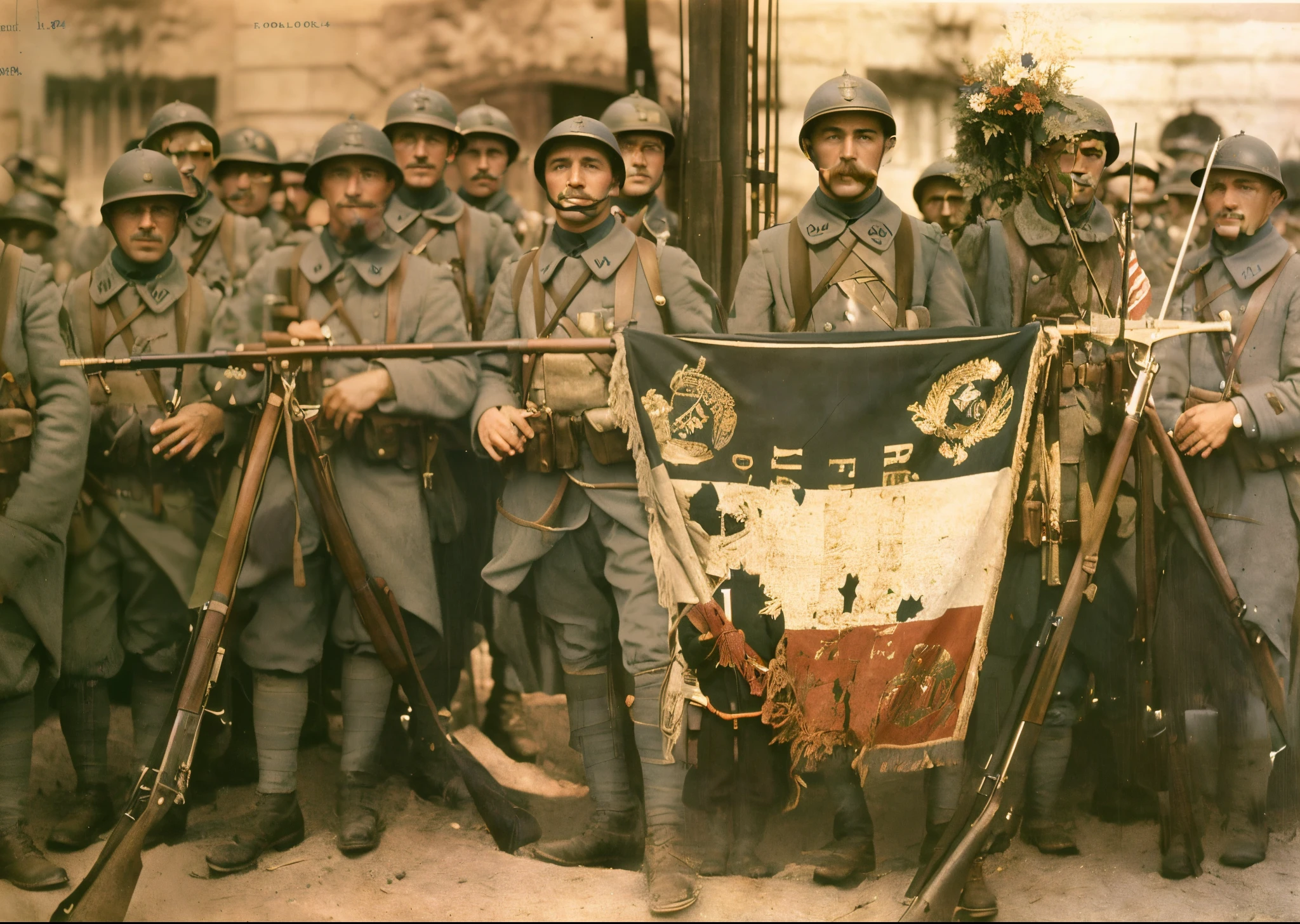 soldiers with rifles and helmets stand in front of a flag, ww1 photo, ww1 film photo, ww1, ww 1, wwi, 1914, 1 9 1 4, taken on a ww 1 camera, world war one, award winning colorized photo, colorized photograph, old color photograph, colorized 1 9 0 4 photo, colorized, colourized