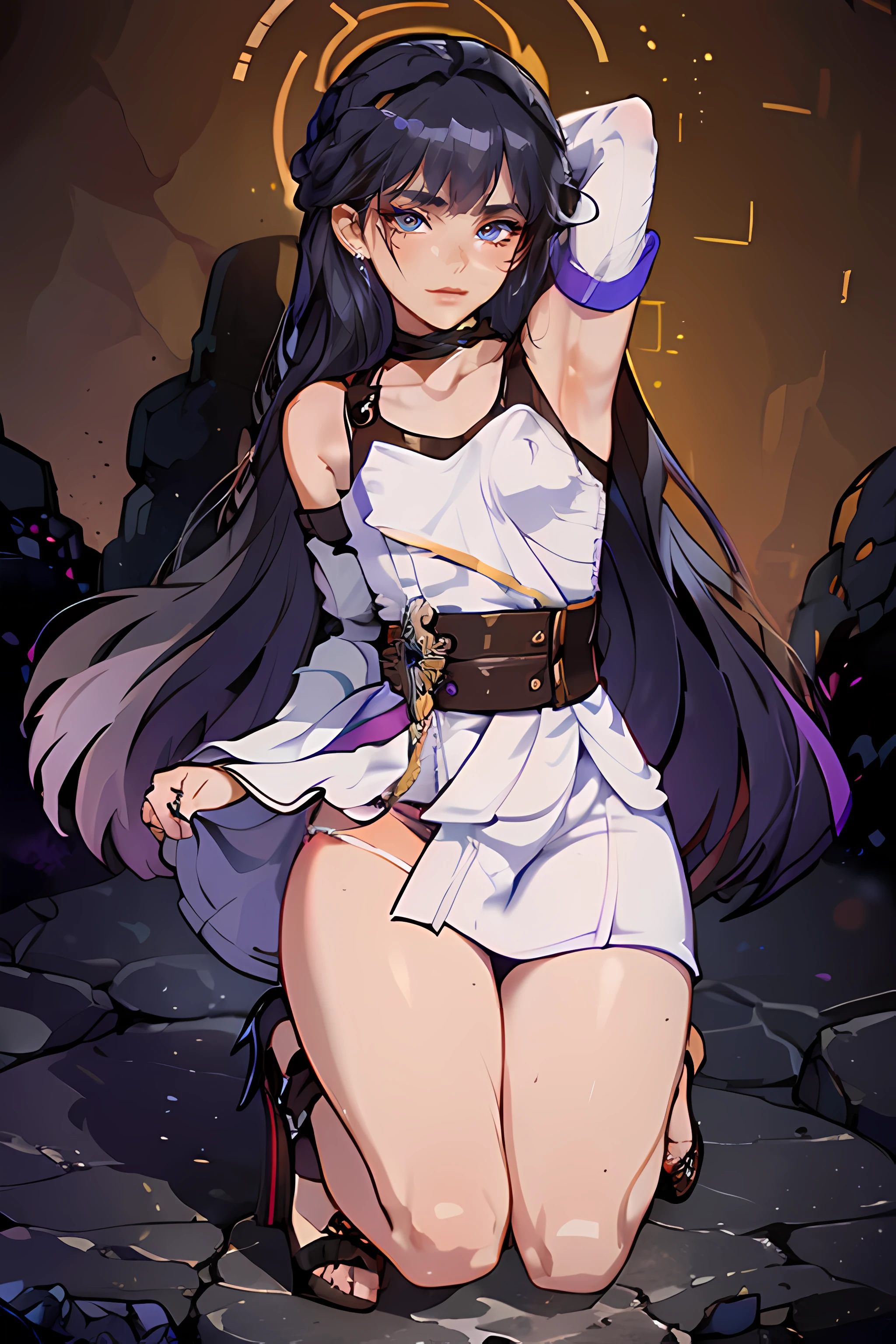 femboi, ((Masterpiece)), (1 girl), (Cute: 2.0), The face is extremely detailed, Enchanted expression, Strong gaze, Black Double French Braid, (Thin structure),Slightly round face, Tanned brown face, Healthy face, Big eyes, Thin thighs, (Small chest), confident pose, harsh, Almond-shaped eyes, rich palette,choker necklace,3D,open-toe high heels, goddess, from behind,spasm