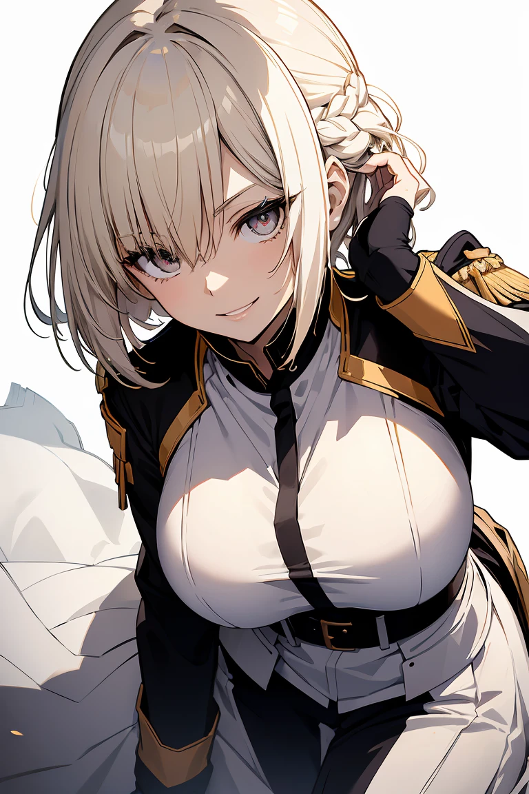 (Super Sexy Pose:1.2), 1 girl in, Full body, White one-piece military uniform, (masutepiece:1.2, Best Quality), (finely detailed beautiful eye: 1.2), (beautifull detailed face), High contrast, (Best Illumination, extremely delicate and beautiful), ((Cinematic Light)), Dramatic light, dark orange eyes, Small, Belt under boobs, White military uniform, White skirt,blonde  hair, Black tie,  (Pale white background:1.5), Wolf cut hair, Look at me and smile,